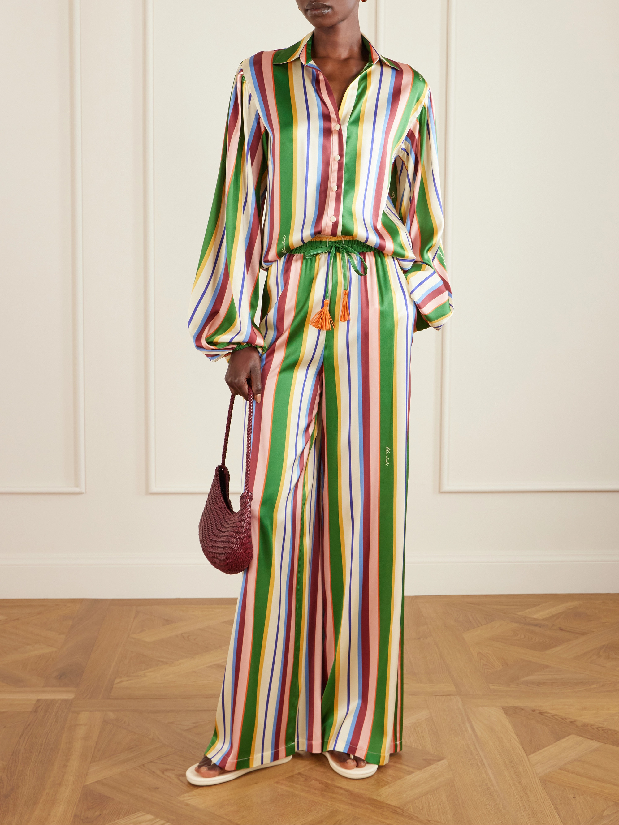 CRISTIANO MARCHELI Letizia tasseled striped stretch-silk satin wide-leg pants