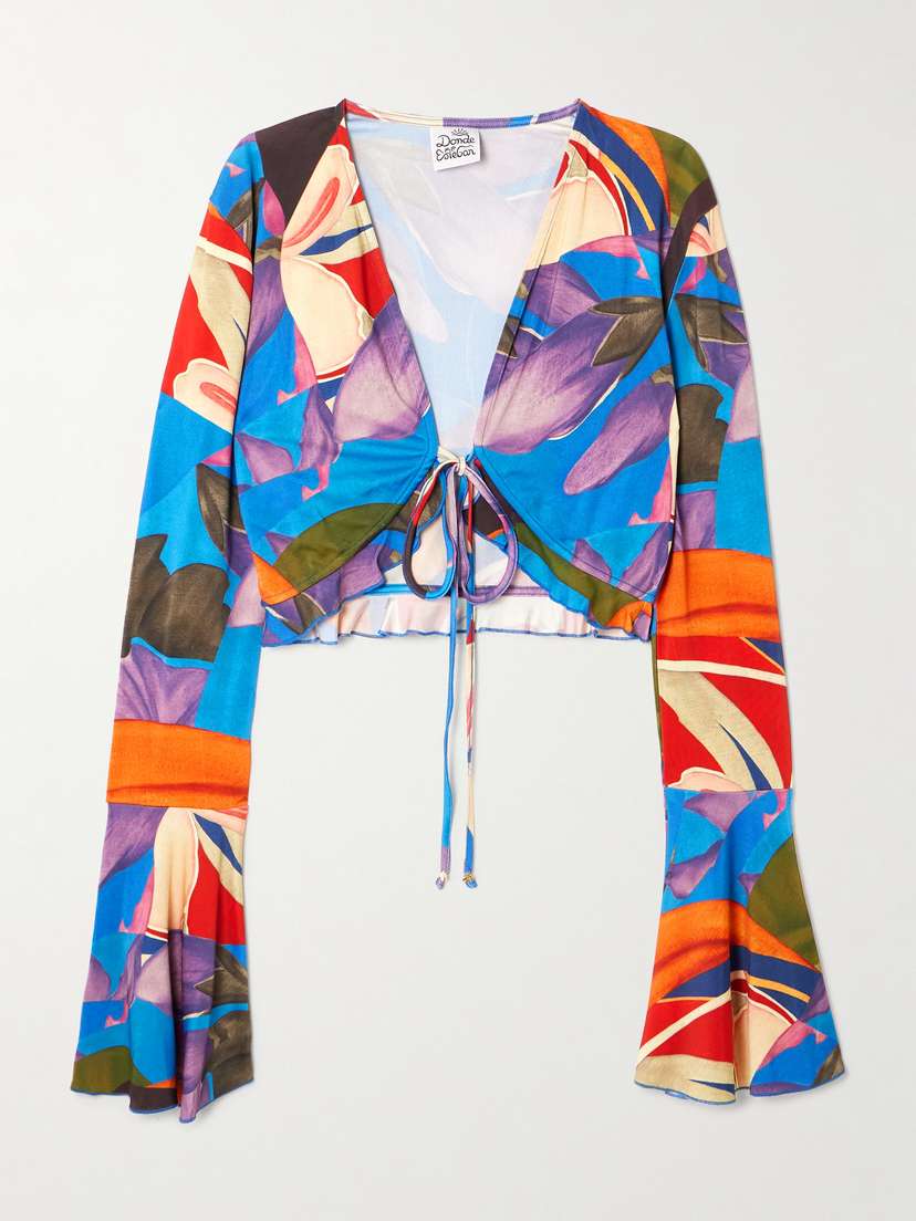 Donde Esteban Palenque Flores Cropped Tie-detailed Floral-print Jersey Top