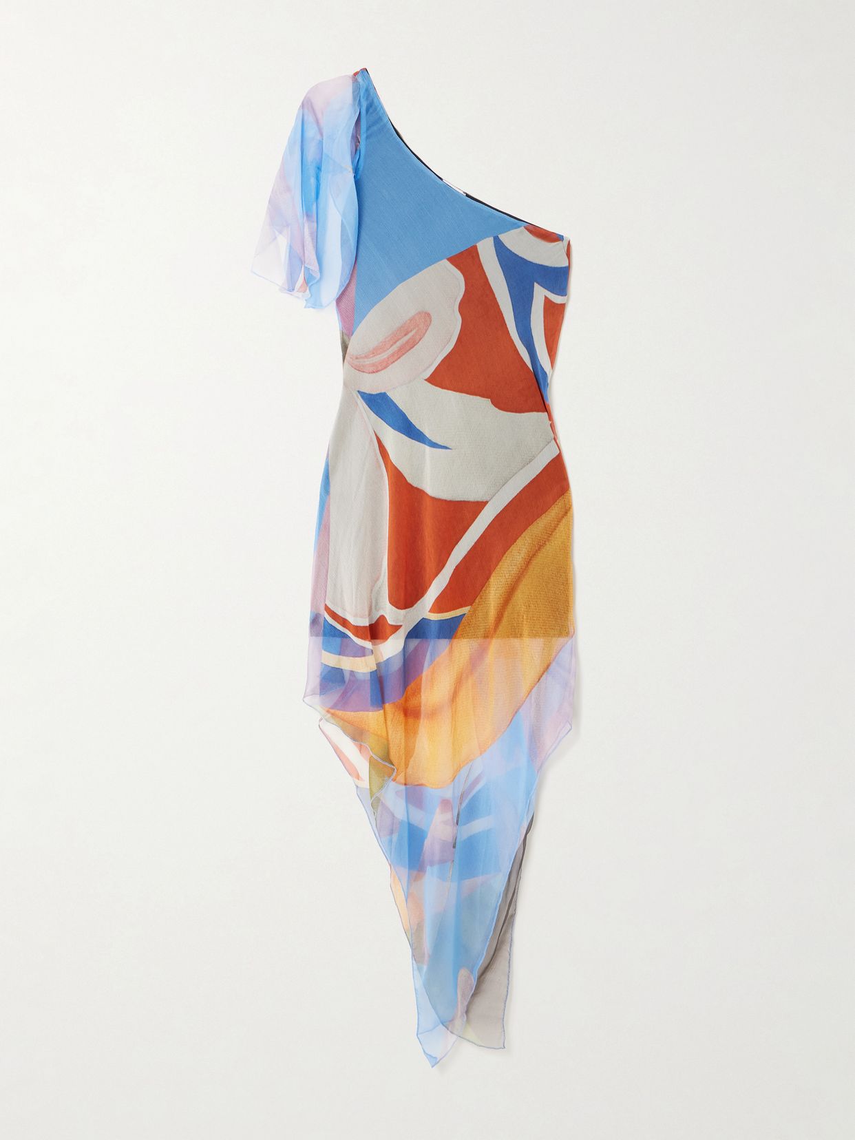 Palenque Flores one-shoulder asymmetric printed silk-chiffon mini dress
