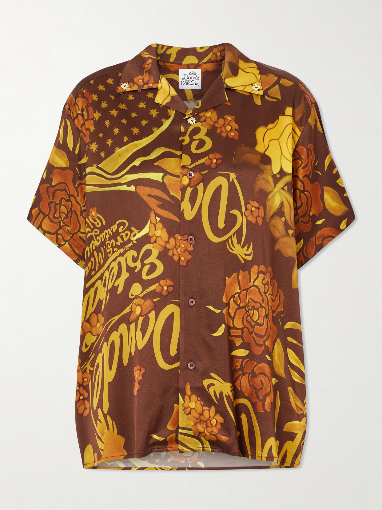 Donde Esteban Veranera Printed Stretch-satin Shirt In Brown