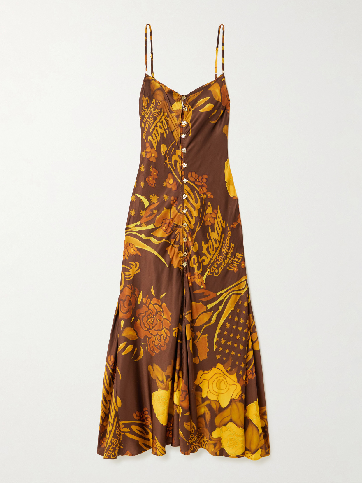 Donde Esteban Veranera Printed Satin Midi Dress In Brown
