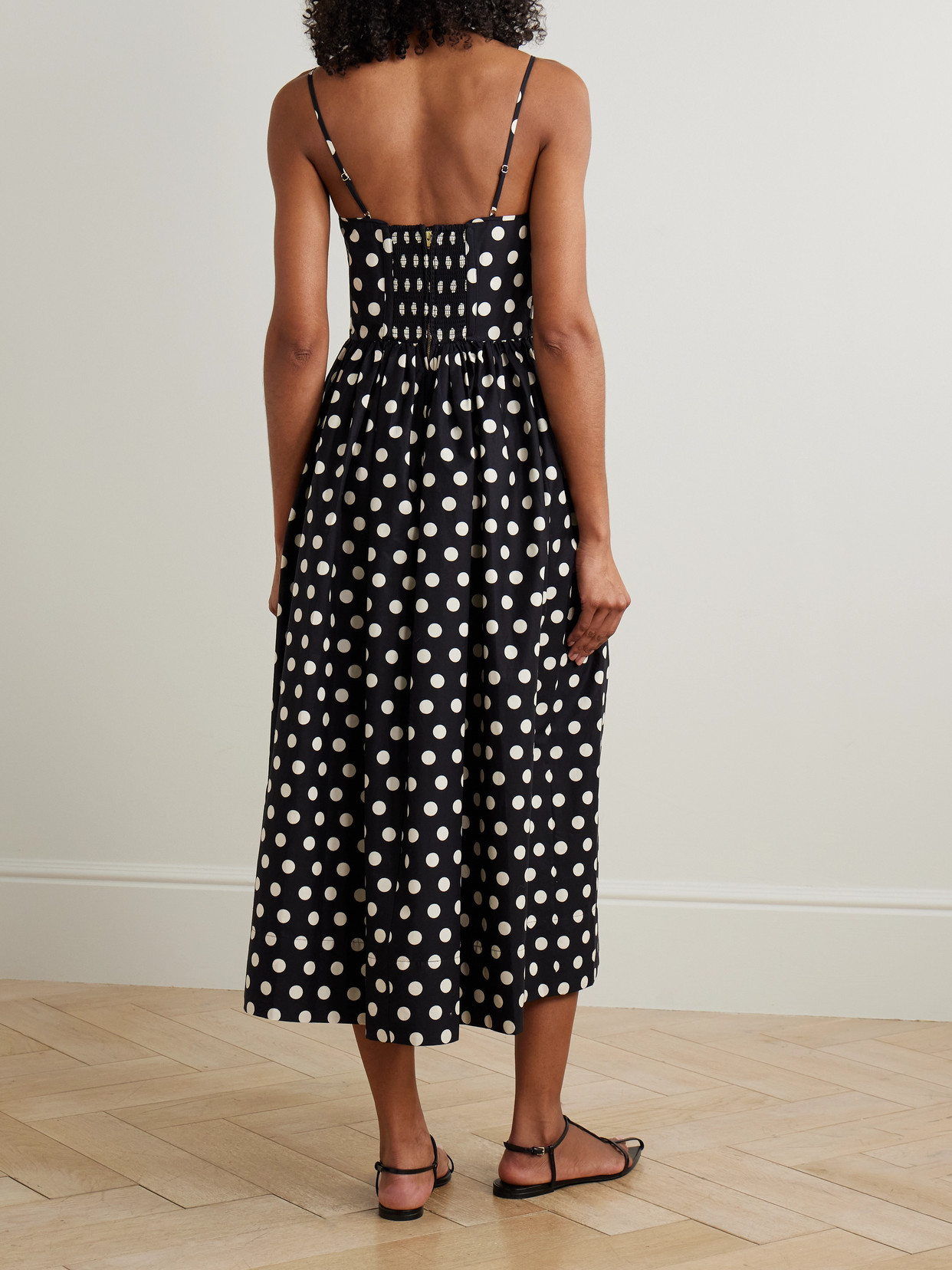 Cara Cara Alba Polka-dot Gathered Smocked Cotton-poplin Midi Dress In Black