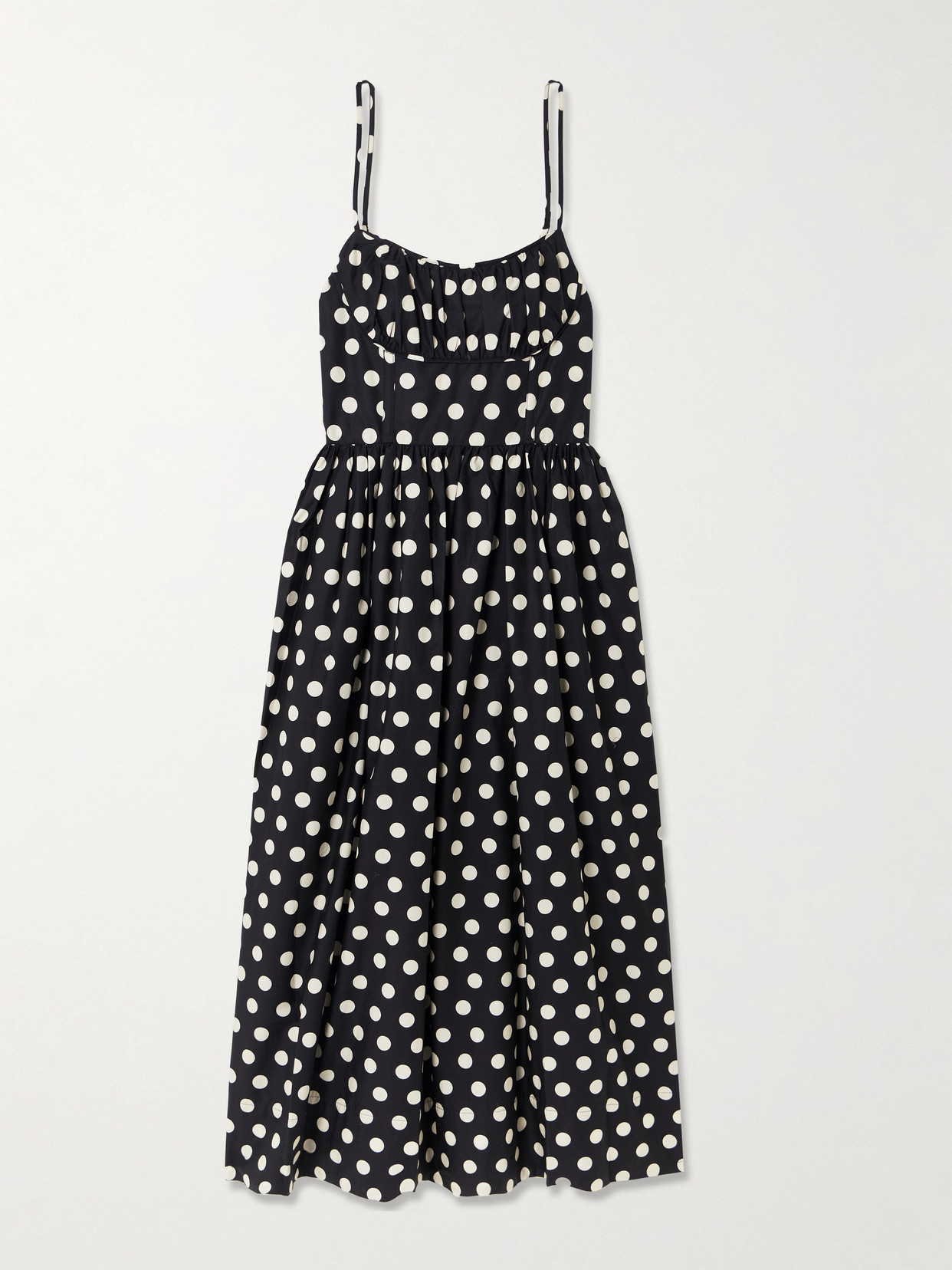 Cara Cara Alba Polka-dot Gathered Smocked Cotton-poplin Midi Dress In Black