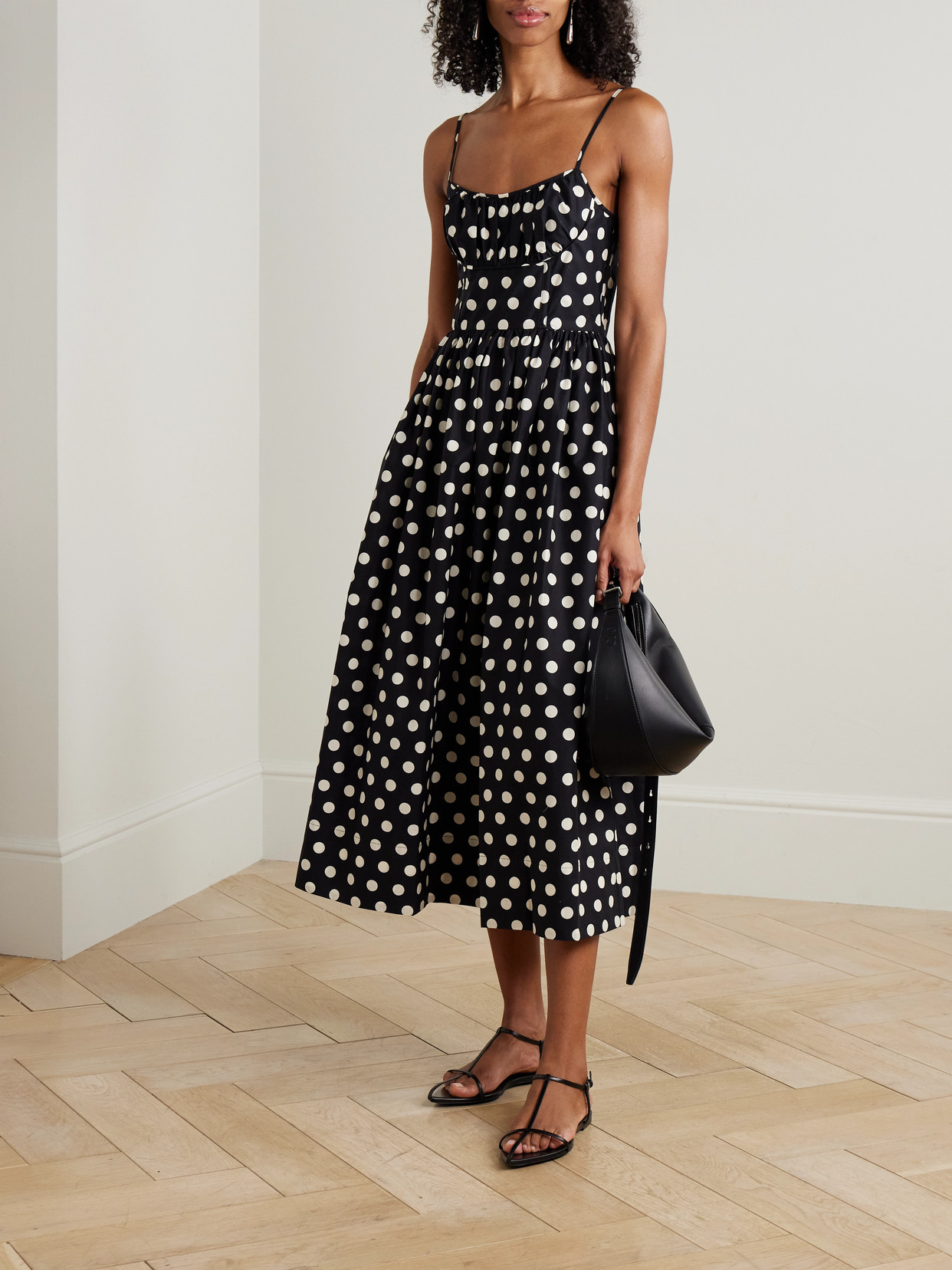 Cara Cara Alba Polka-dot Gathered Smocked Cotton-poplin Midi Dress In Black