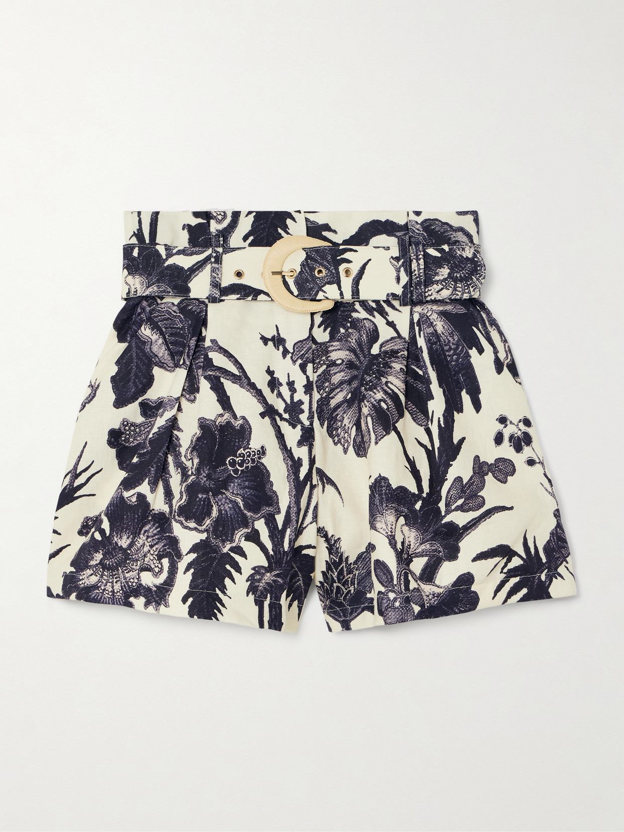 Cara Cara Palmer Belted Pleated Floral-print Linen Shorts In Blue