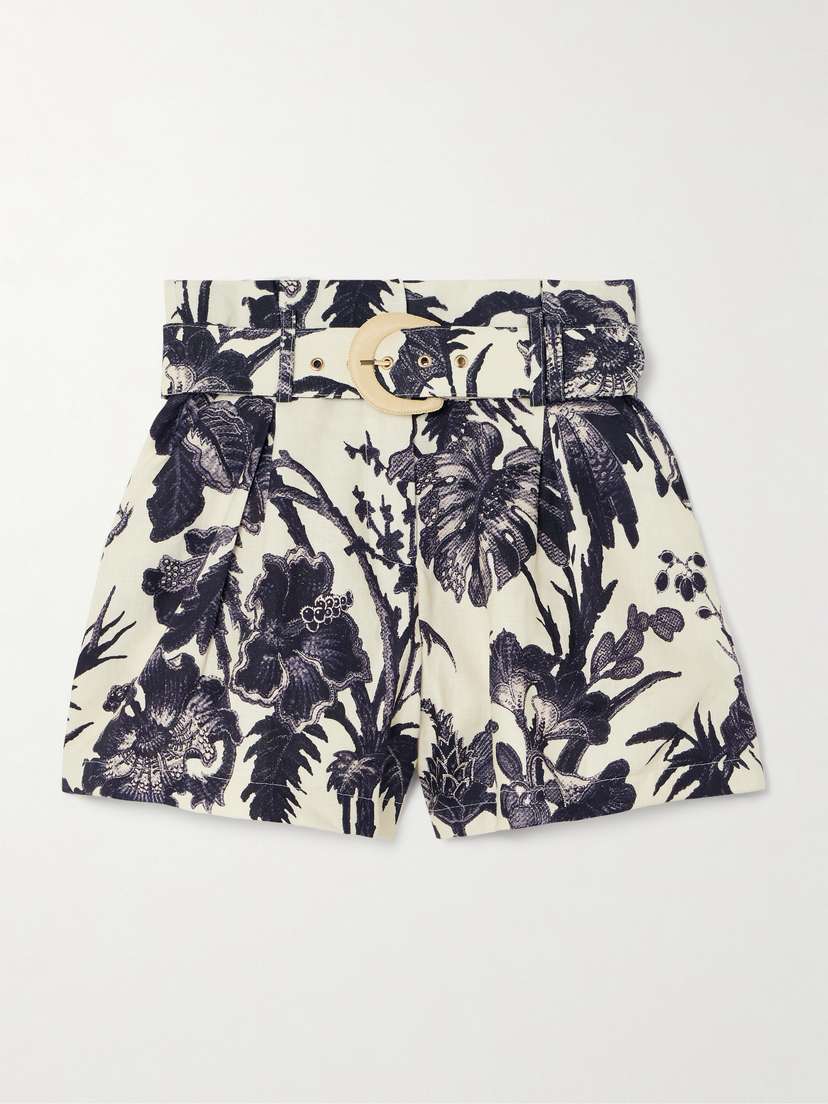Cara Cara Palmer Belted Pleated Floral-print Linen Shorts