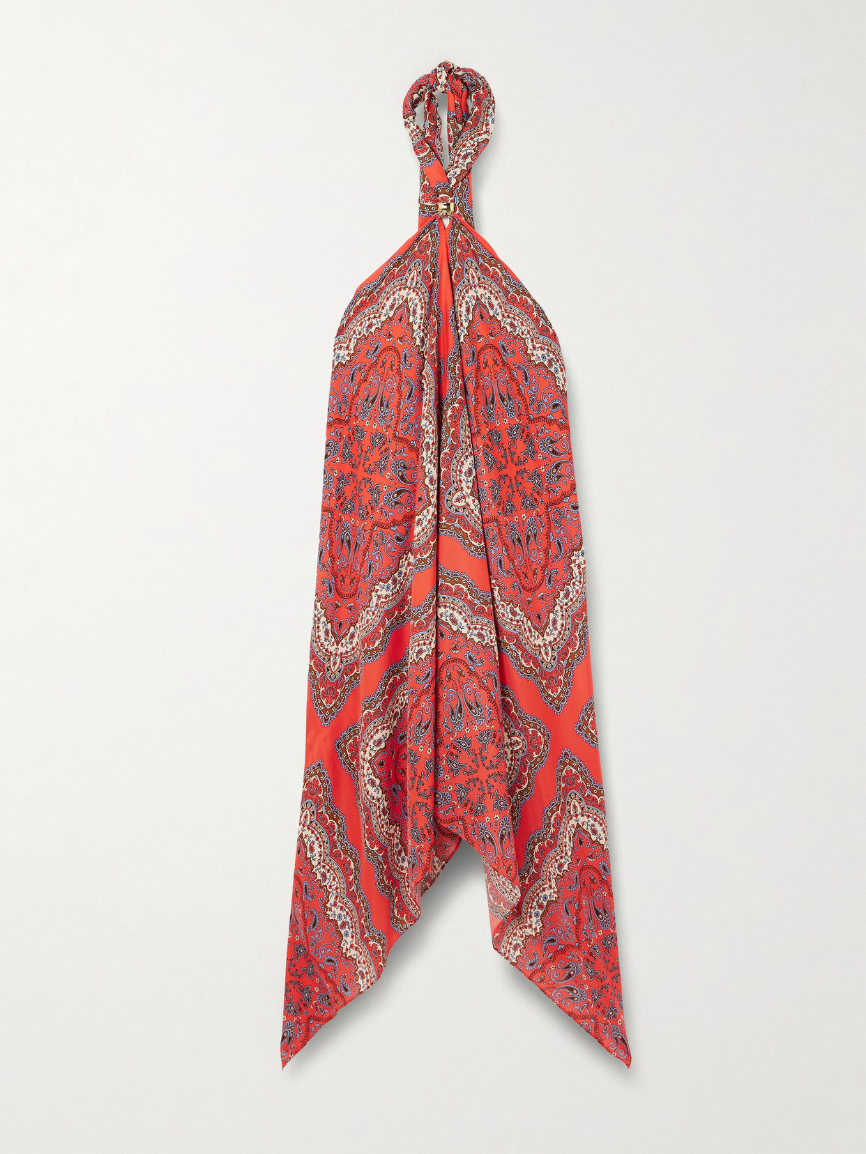 Cara Cara Twist Asymmetric Embellished Paisley-print Satin Halterneck Midi Dress In Orange