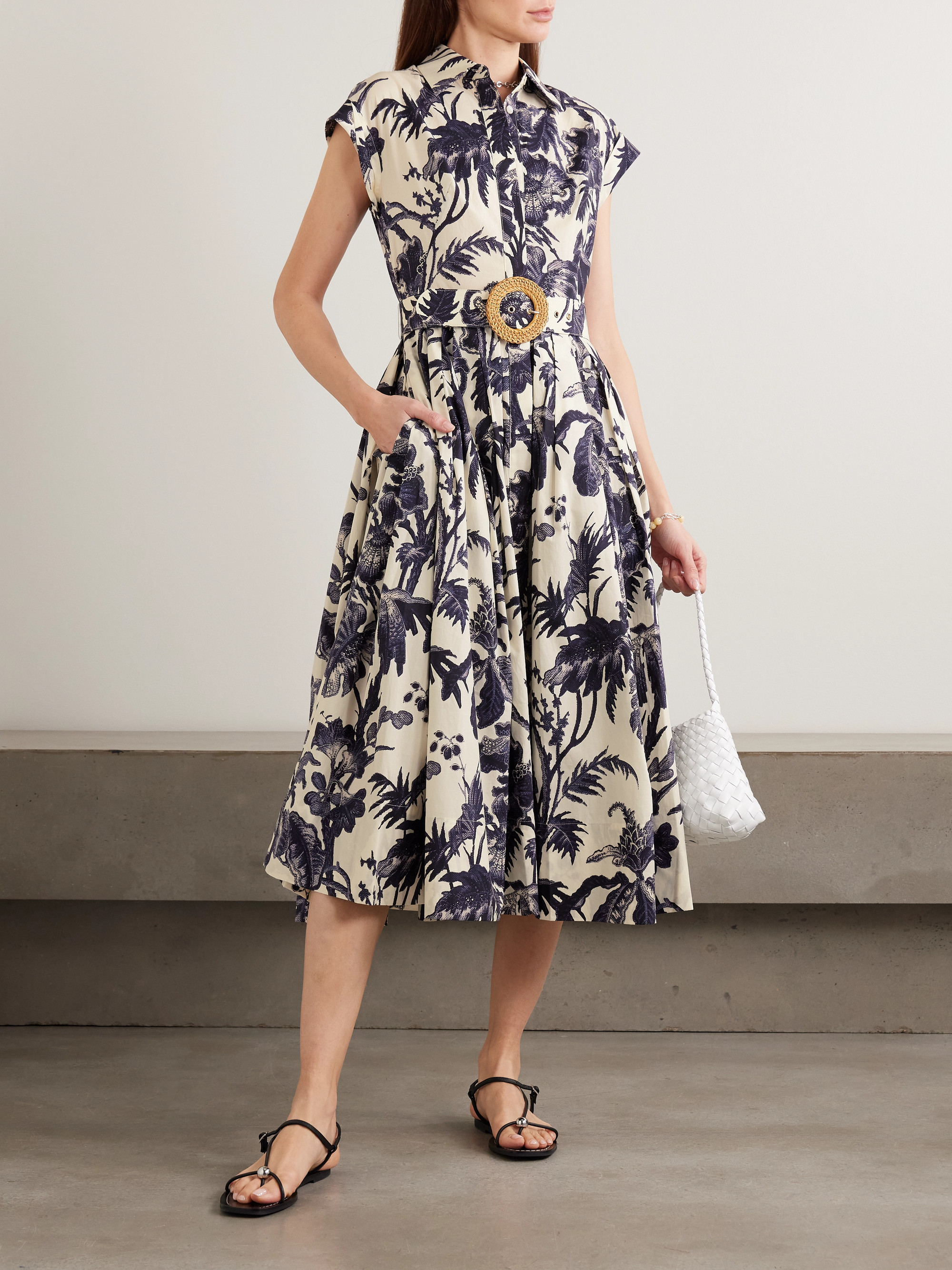 Cara Cara Octavia belted pleated floral-print cotton-poplin midi shirt dress