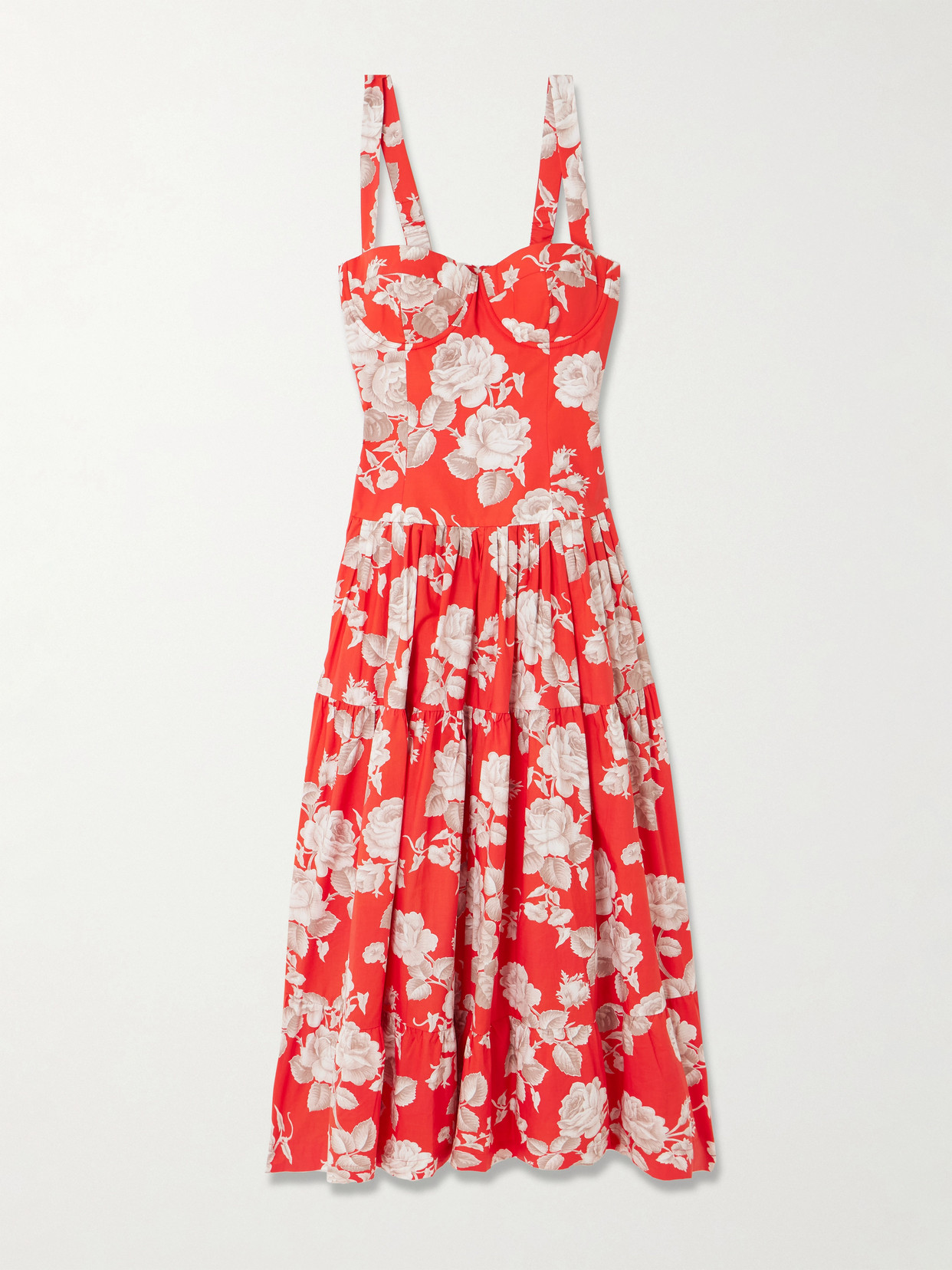 Cara Cara Santiago Tiered Floral-print Cotton-poplin Midi Dress In Red