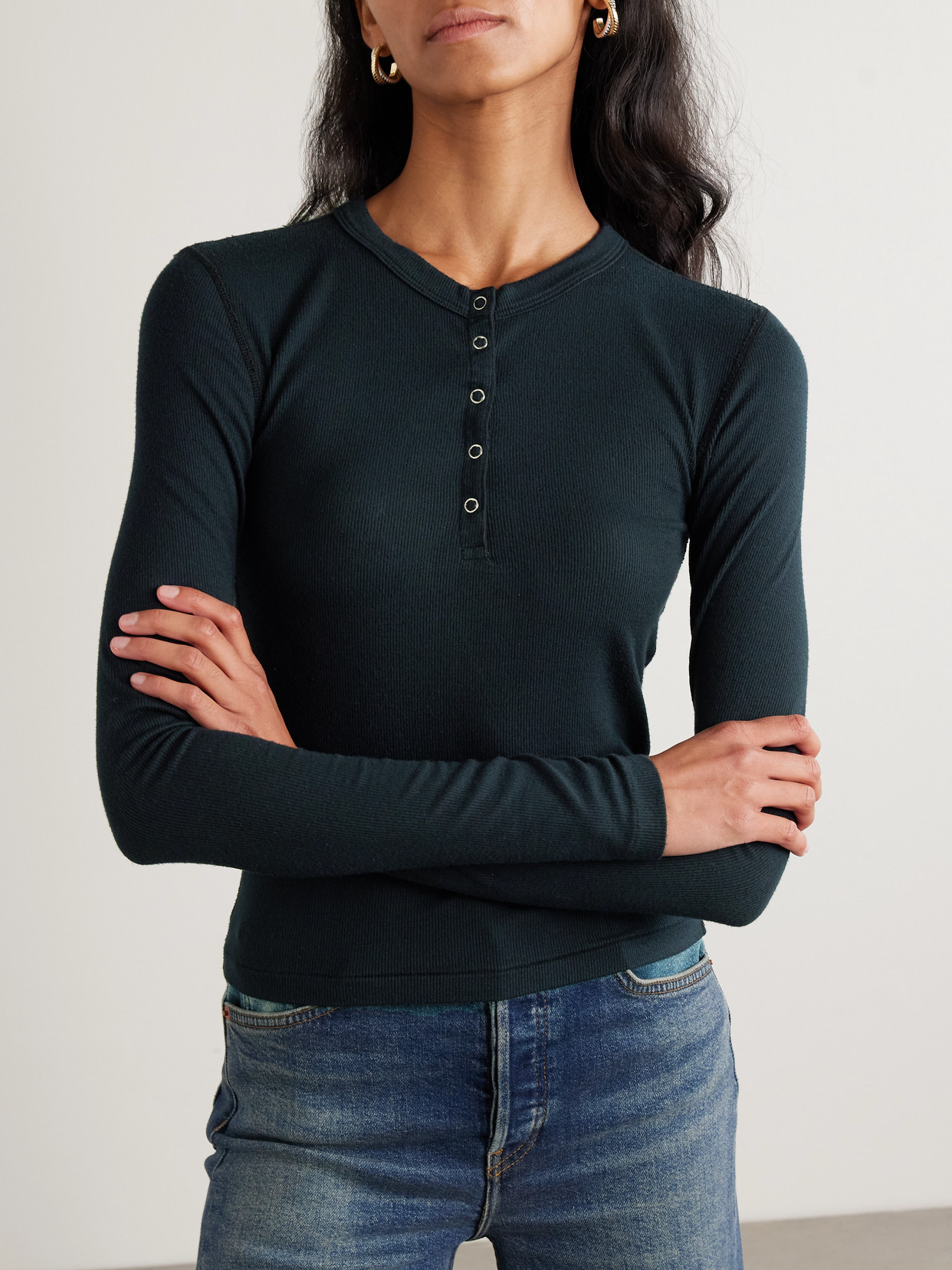 Re/Done - + Hanes Ribbed Stretch-Modal Henley T-Shirt