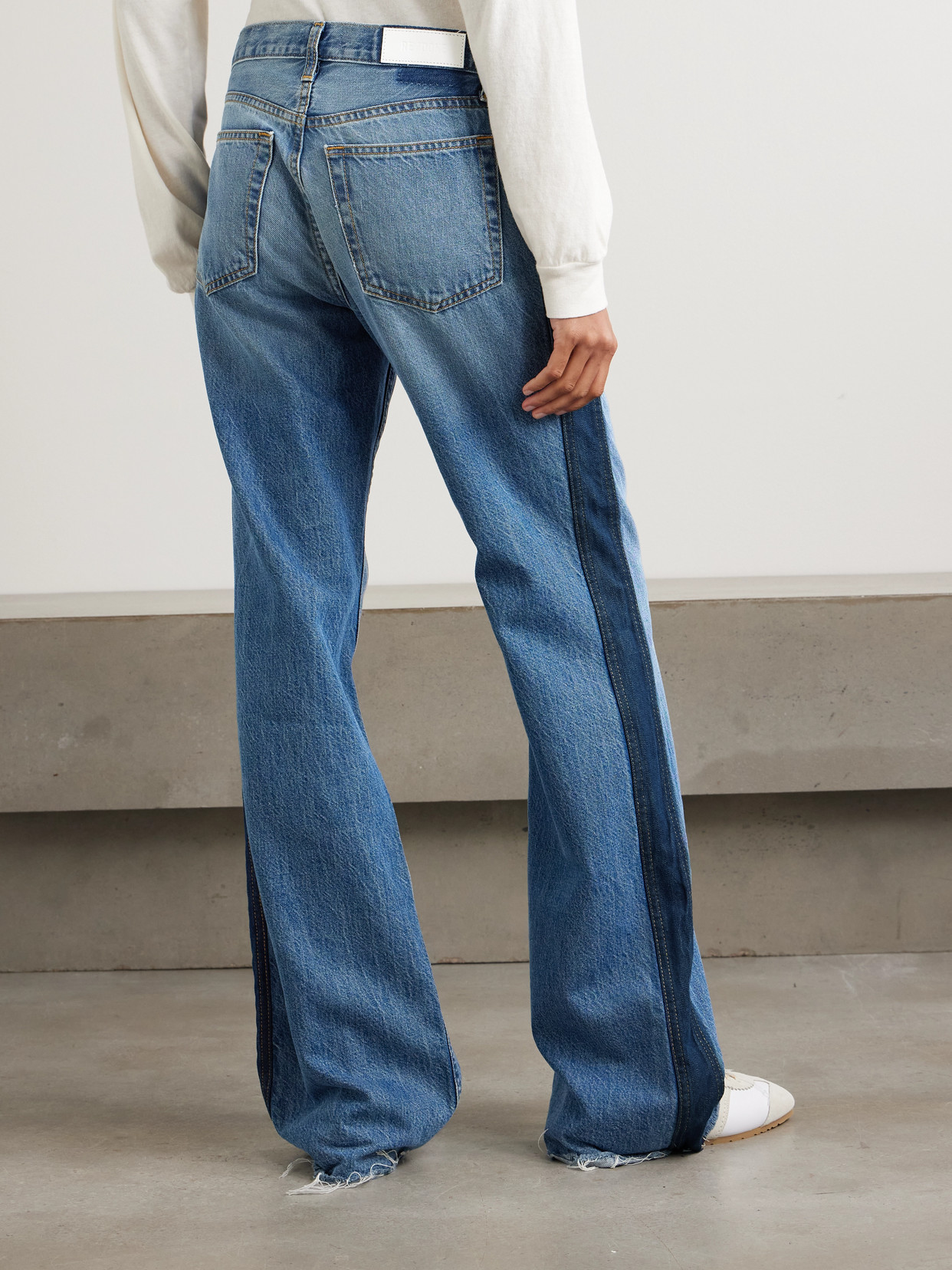 Re/done The Californian Frayed Two-tone Mid-rise Wide-leg Jeans In Blue