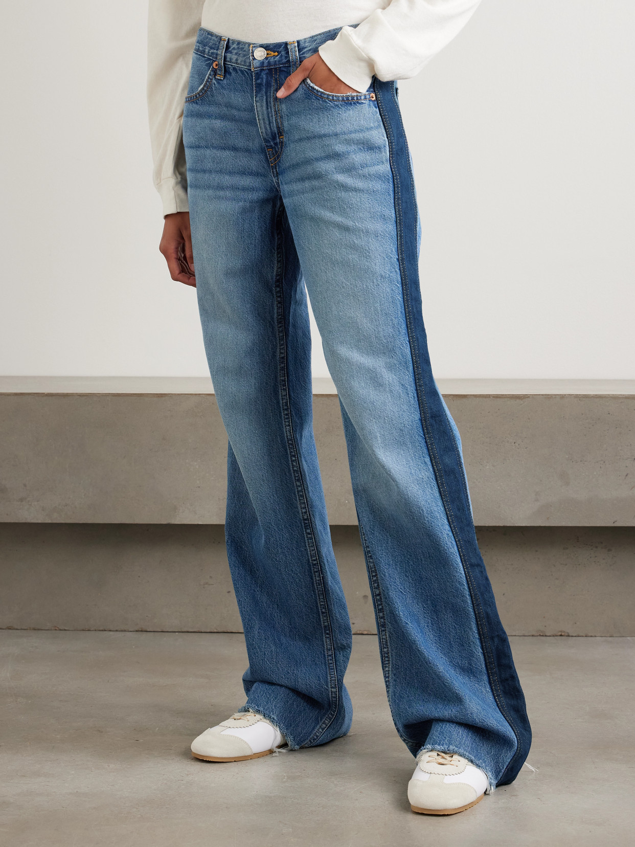 Re/done The Californian Frayed Two-tone Mid-rise Wide-leg Jeans In Blue
