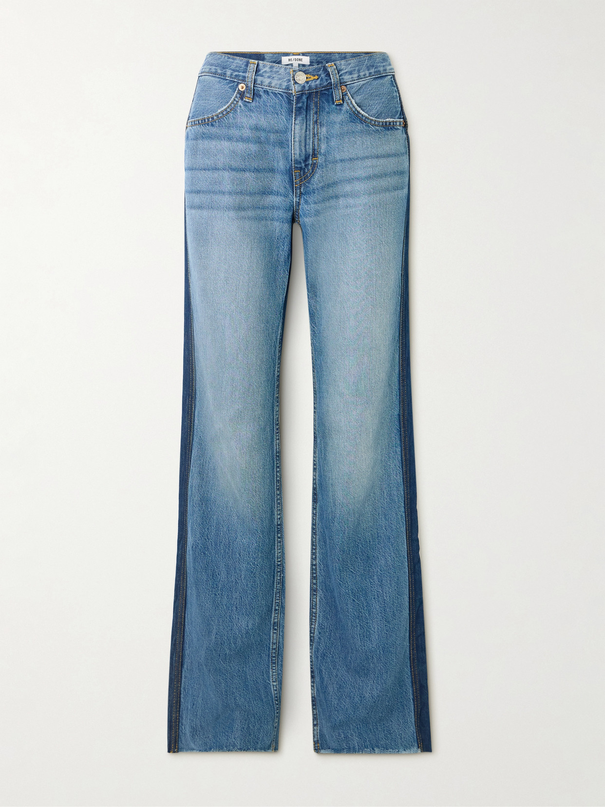 Re/done The Californian Frayed Two-tone Mid-rise Wide-leg Jeans In Blue