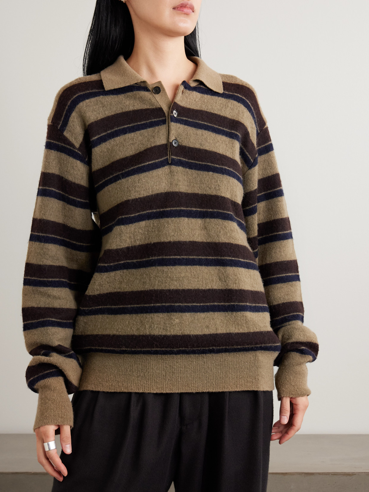 Striped Brushed Knitted Polo Sweater