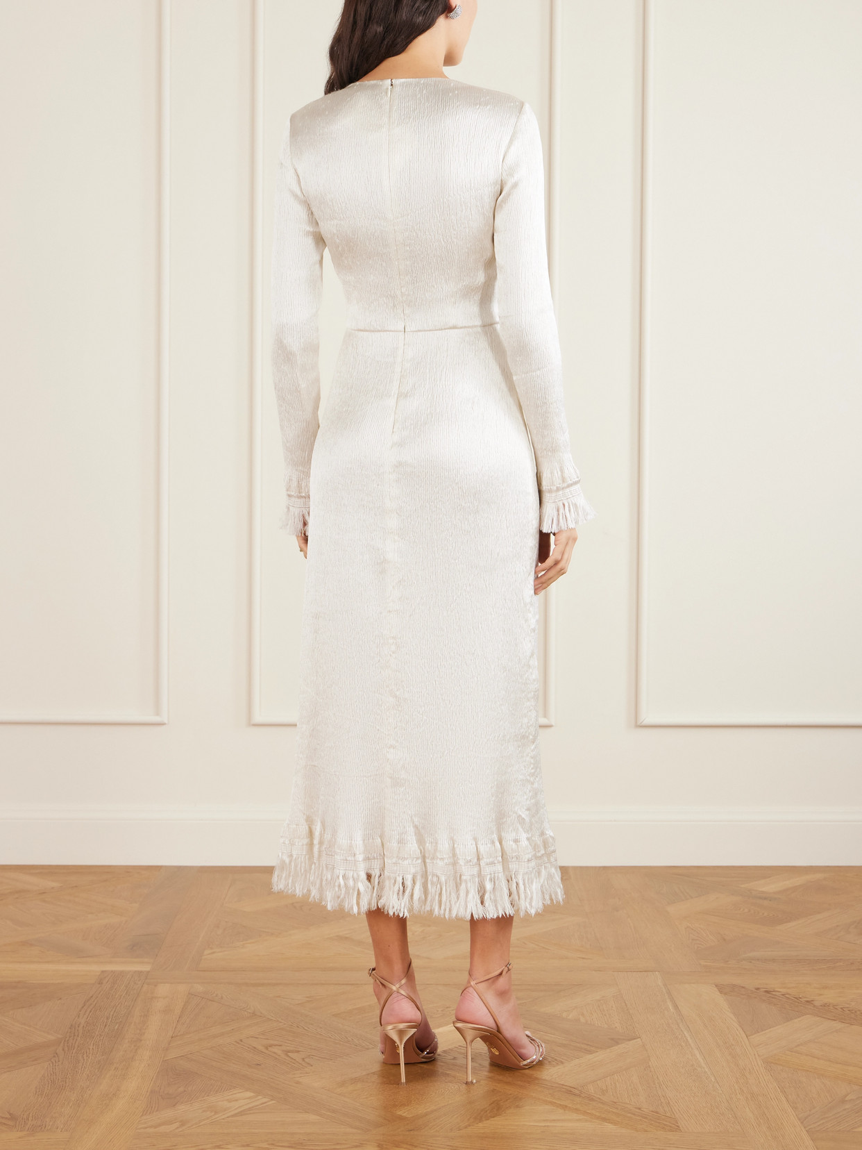 Fforme Mina Frayed Textured Silk-blend Satin Midi Dress In Neutral