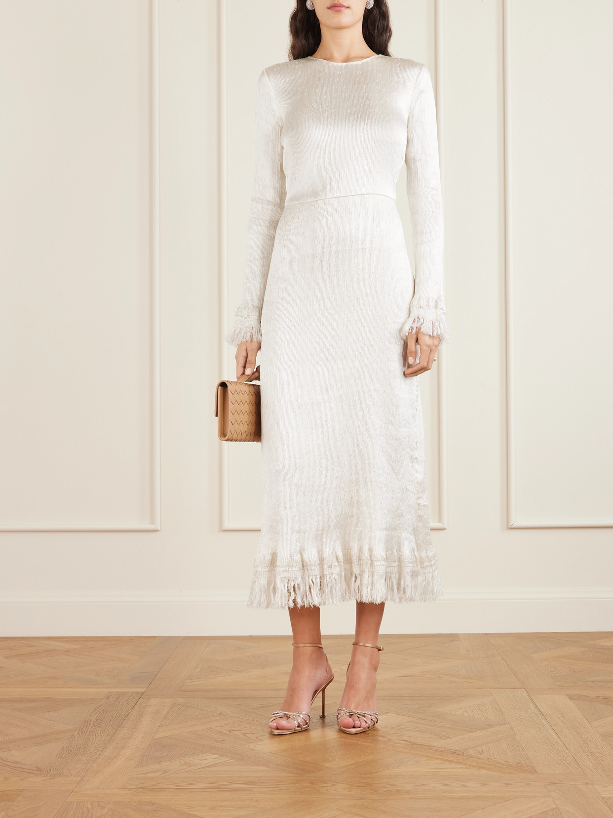 Fforme Mina Frayed Textured Silk-blend Satin Midi Dress In Neutral