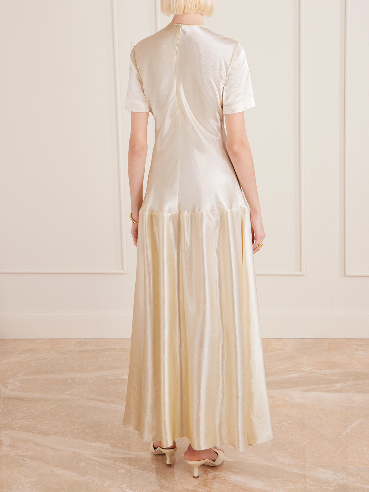 Fforme Clodia Pleated Textured-satin Maxi Dress In Gold