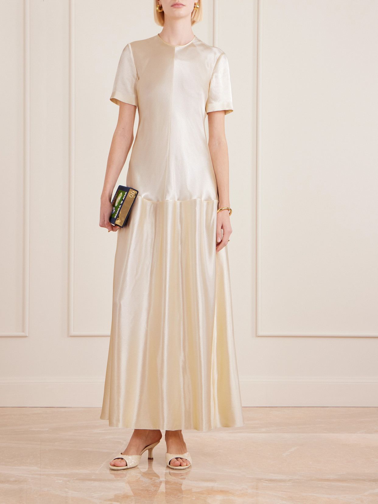 Fforme Clodia Pleated Textured-satin Maxi Dress In Gold