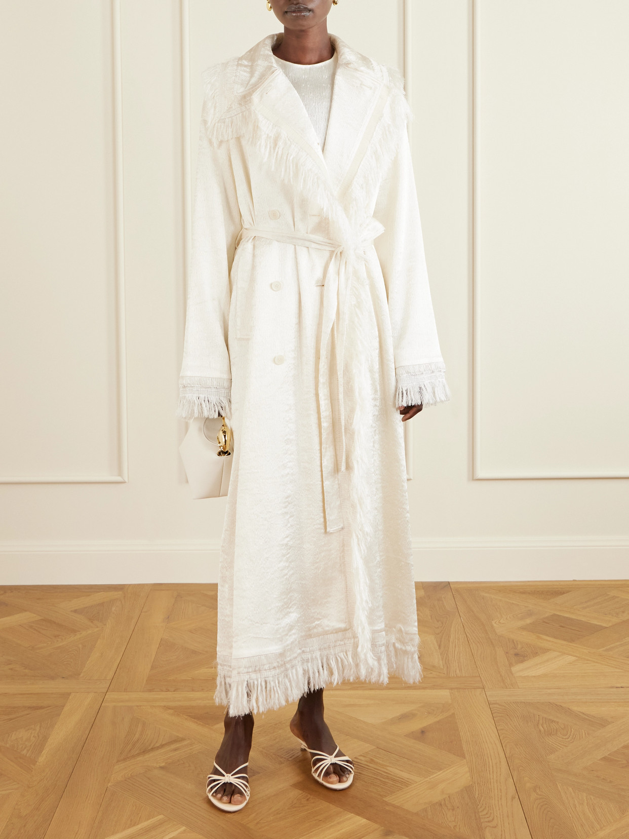 Fforme Lise Tie-detailed Fringed Silk-blend Trench Coat In White