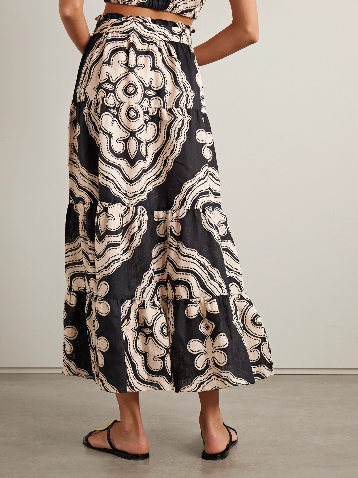 Lemlem Sanaa Belted Printed Linen Maxi Skirt In Black