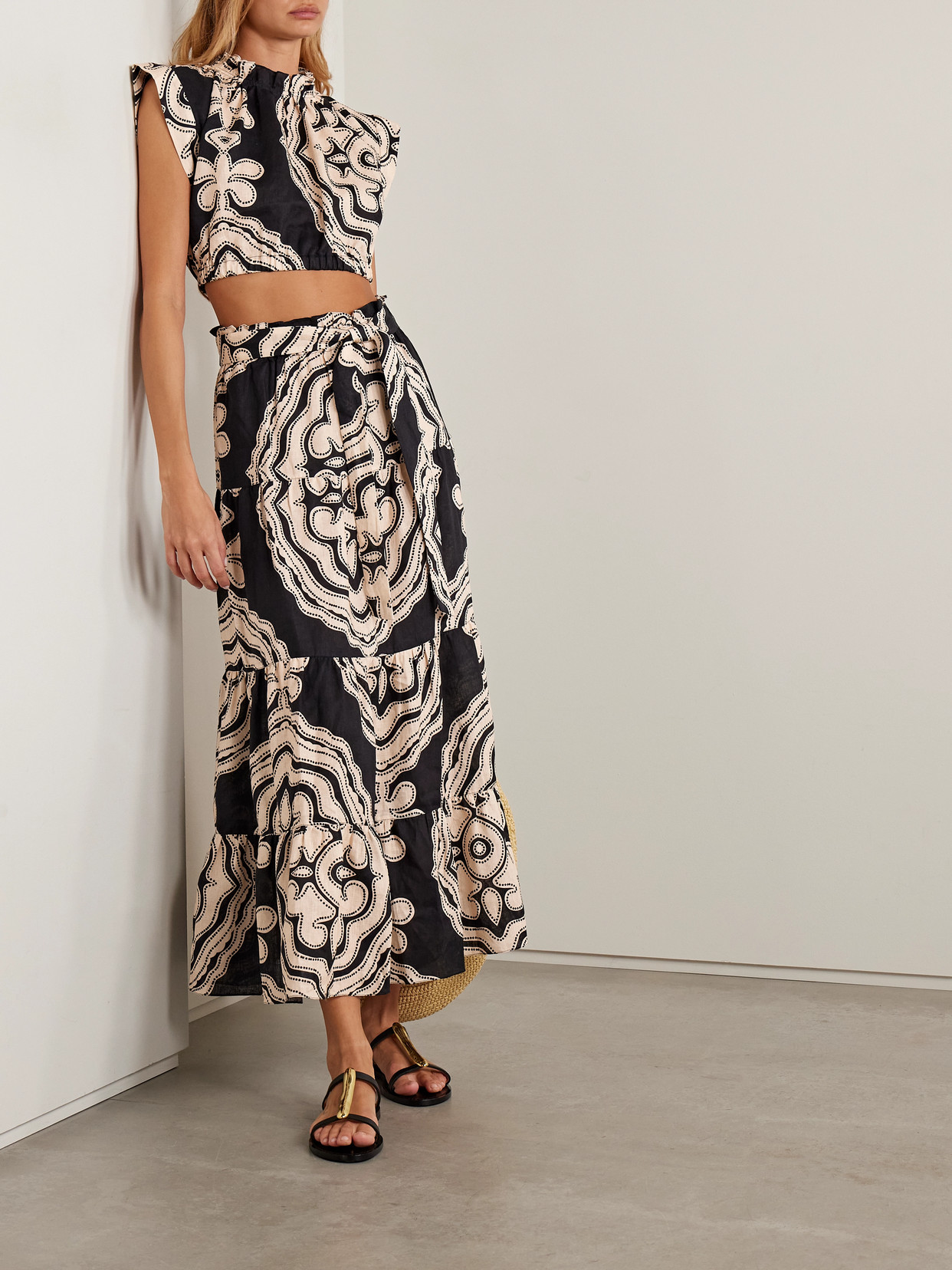 Lemlem Sanaa Belted Printed Linen Maxi Skirt In Black