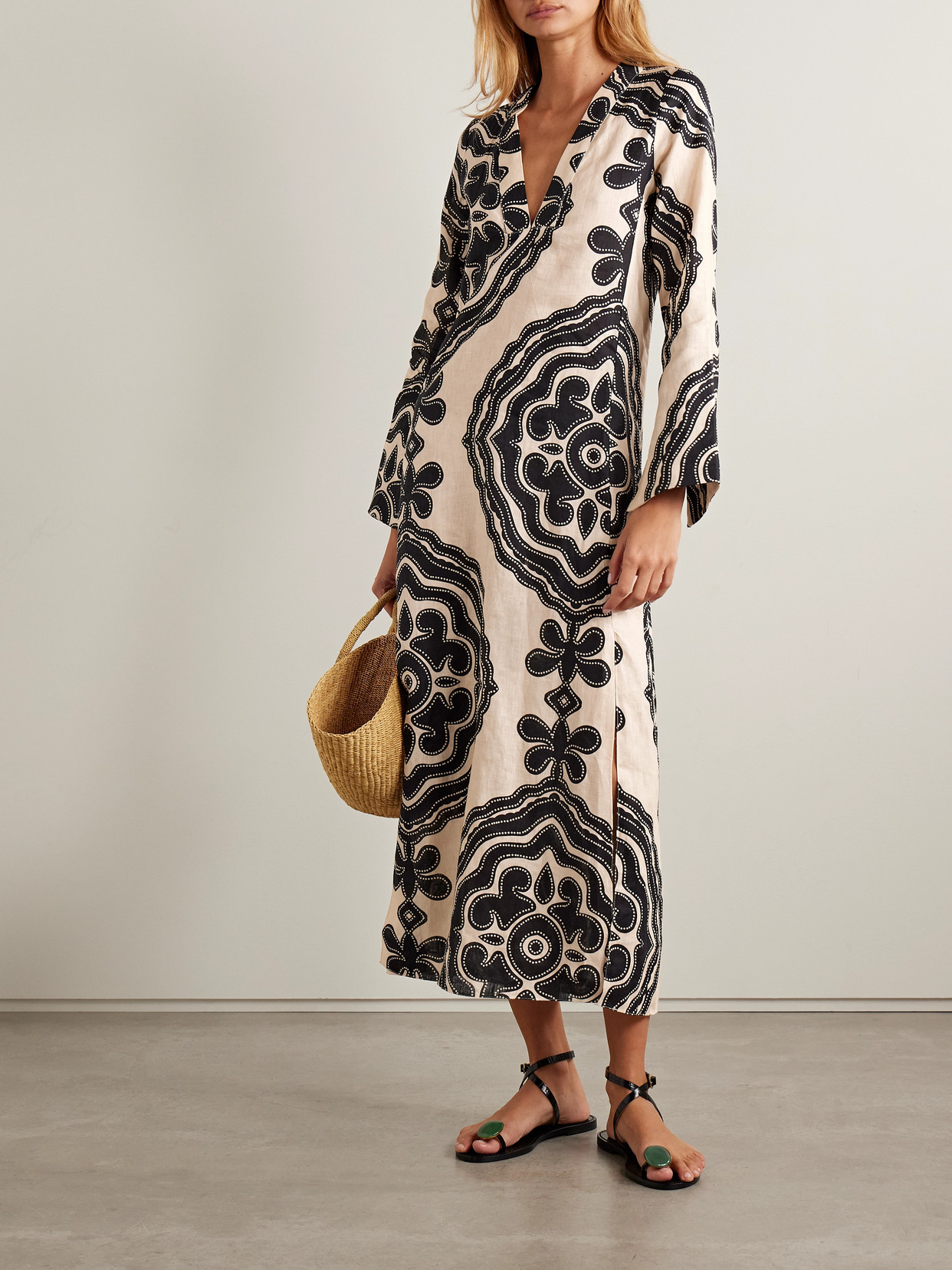 Lemlem Theodora Printed Linen Midi Dress In Brown