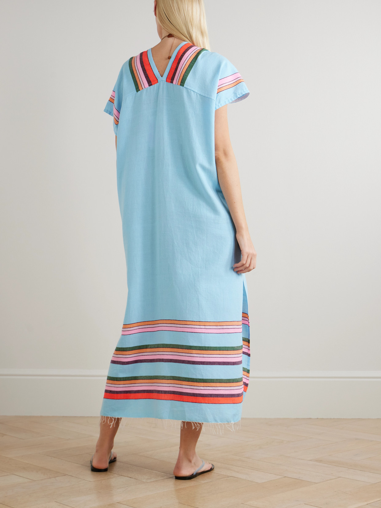 Lemlem Gasira Frayed Striped Cotton-blend Maxi Kaftab In Blue