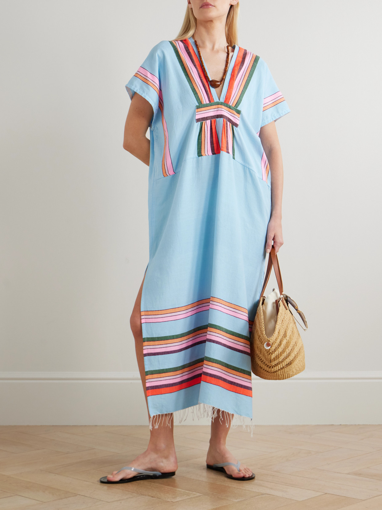 Lemlem Gasira Frayed Striped Cotton-blend Maxi Kaftab In Blue