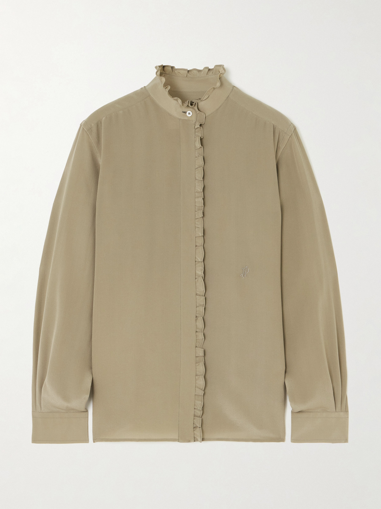 Purdey Ruffled Embroidered Silk Blouse In Green