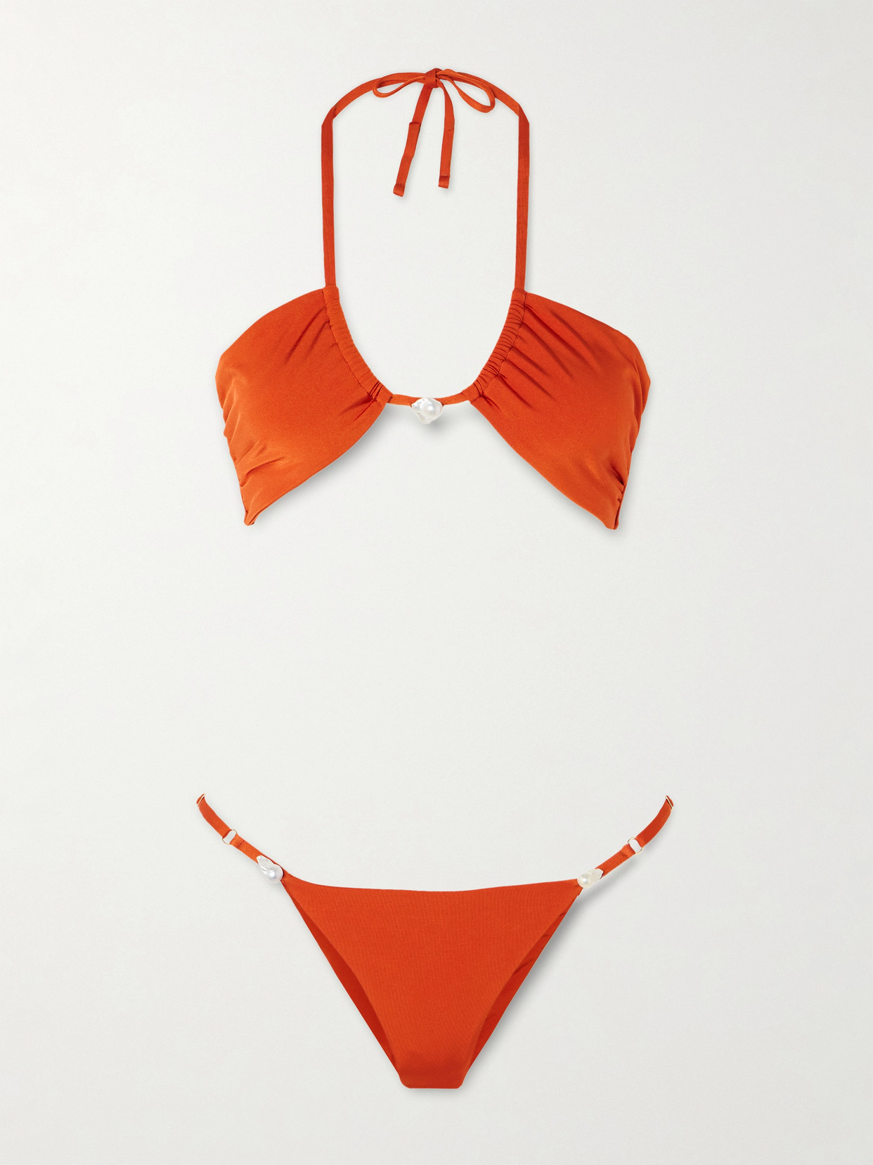Sara Cristina Bahia Pearl-embellished Stretch-econyl® Halterneck Bikini In Orange