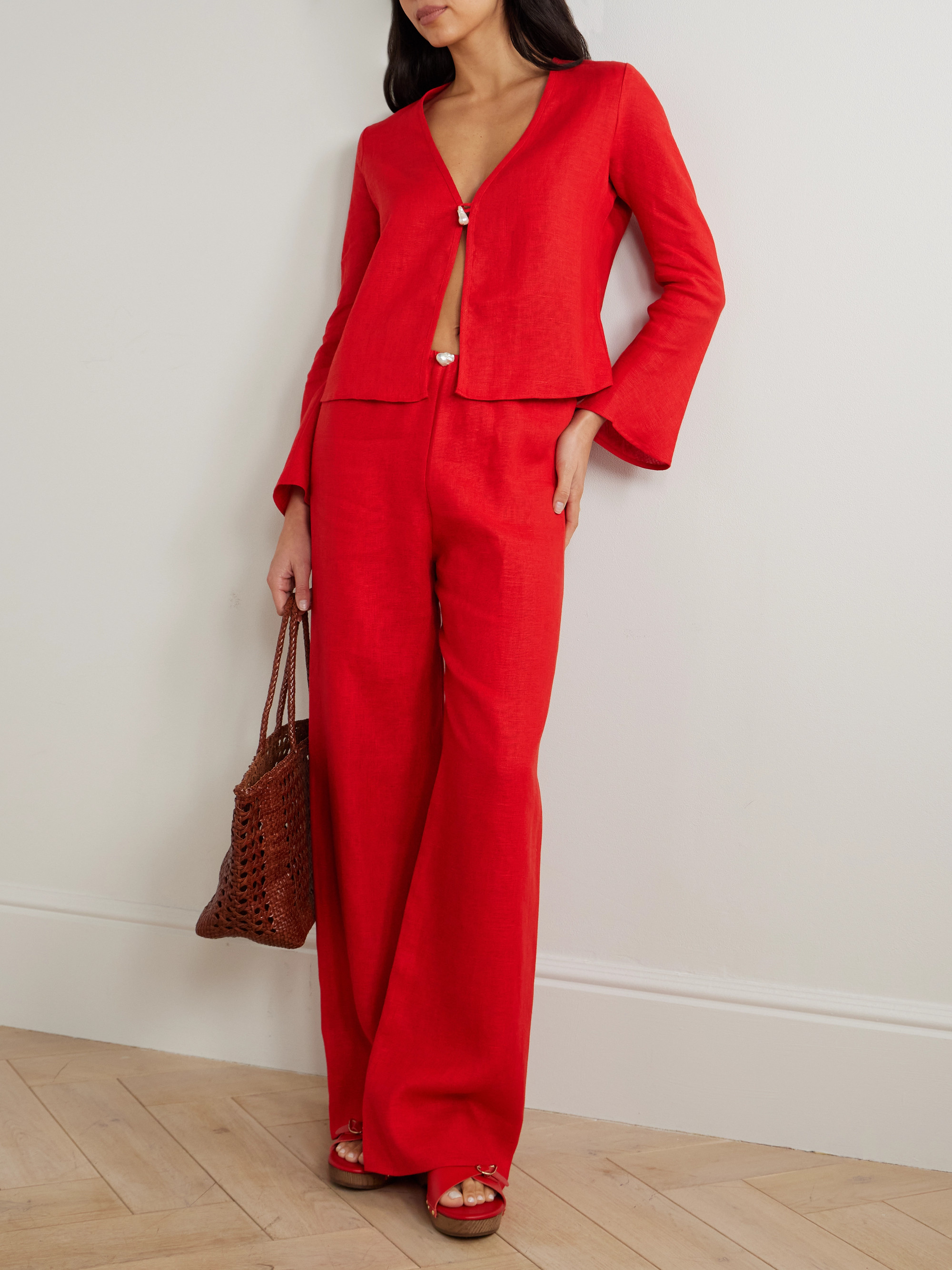 SARA CRISTINA Playa pearl-embellished linen pants