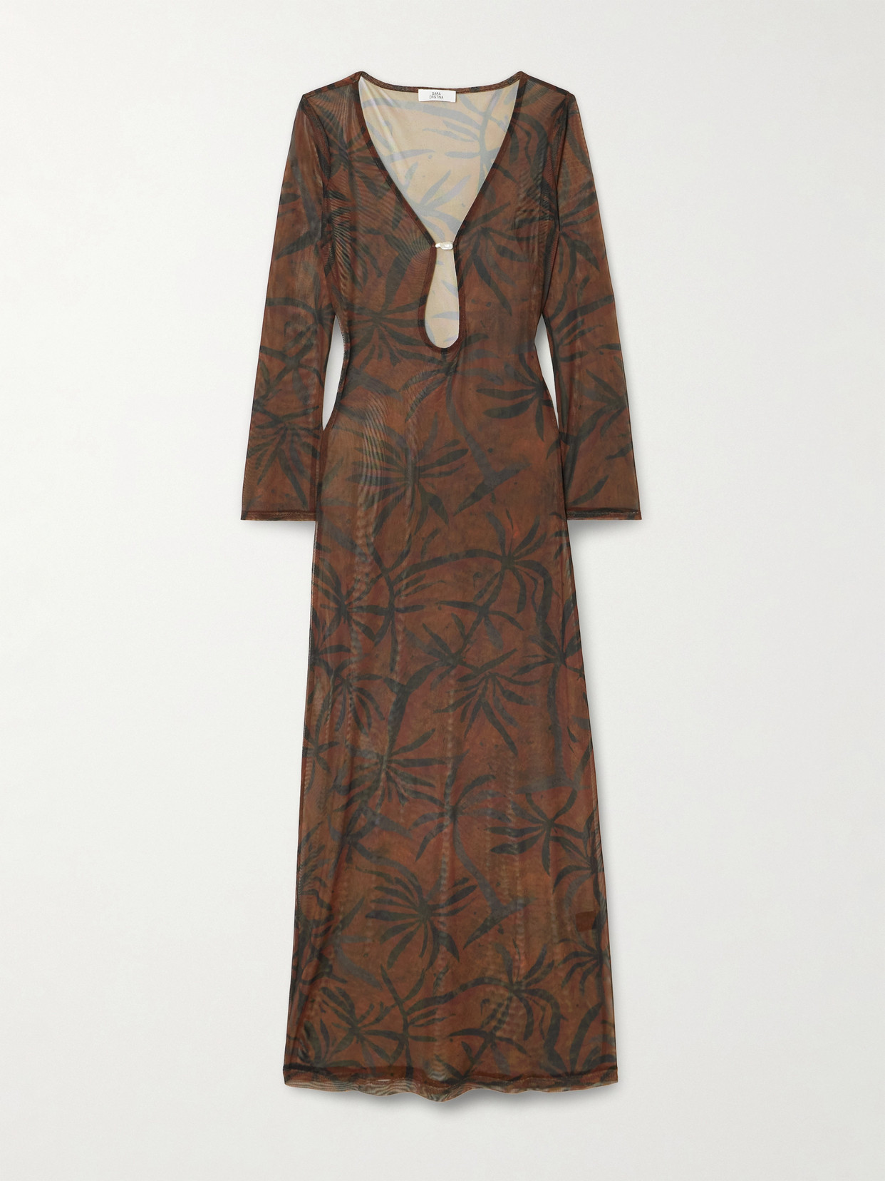 Sara Cristina Marina Pearl-embellished Printed Stretch-tulle Coverup In Brown