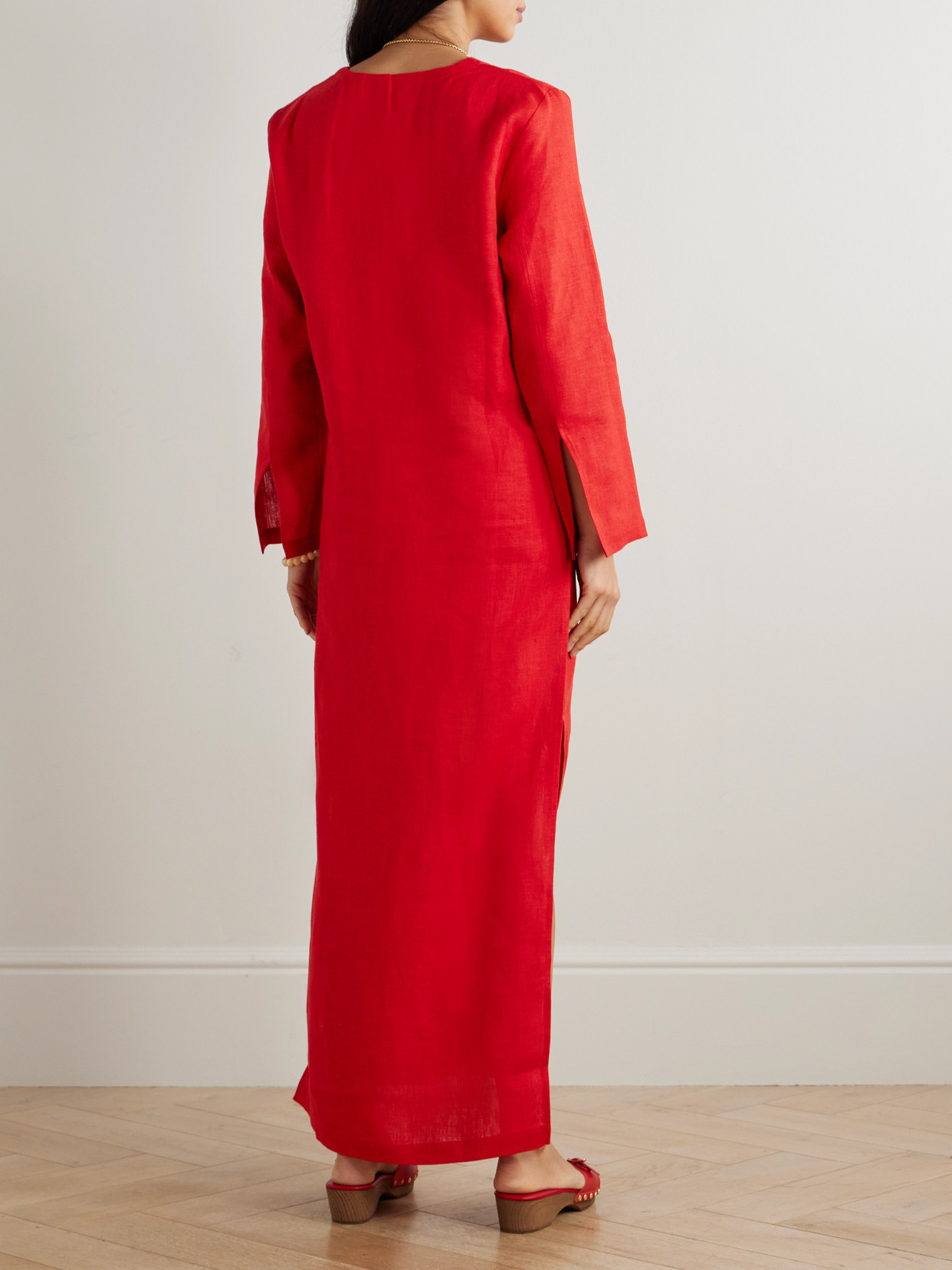 Sara Cristina Pearl-embellished Linen Kaftan In Red