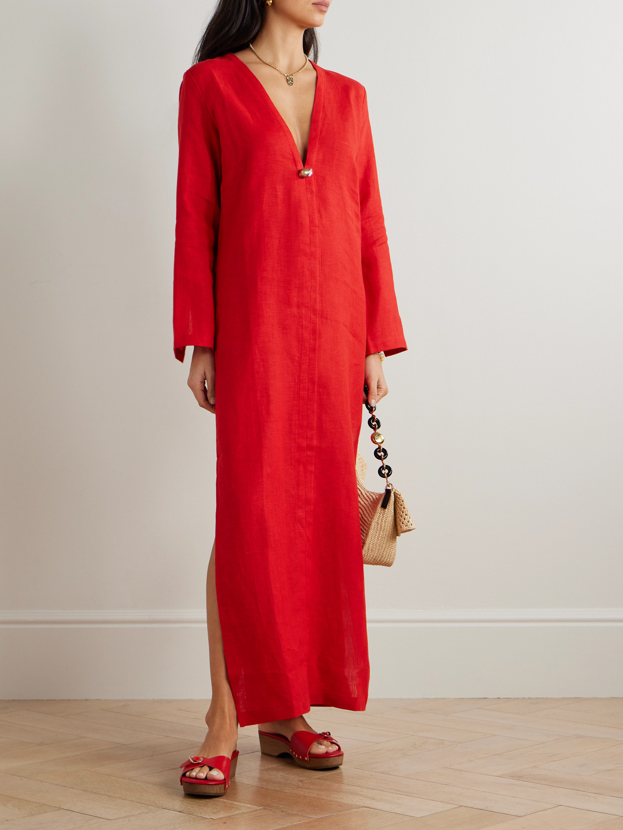 Sara Cristina Pearl-embellished Linen Kaftan In Red