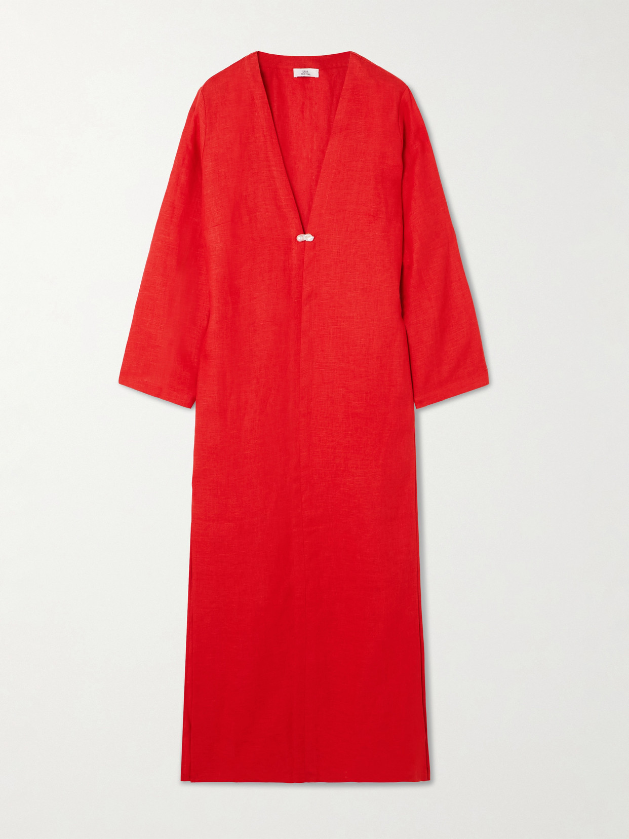Sara Cristina Pearl-embellished Linen Kaftan In Red