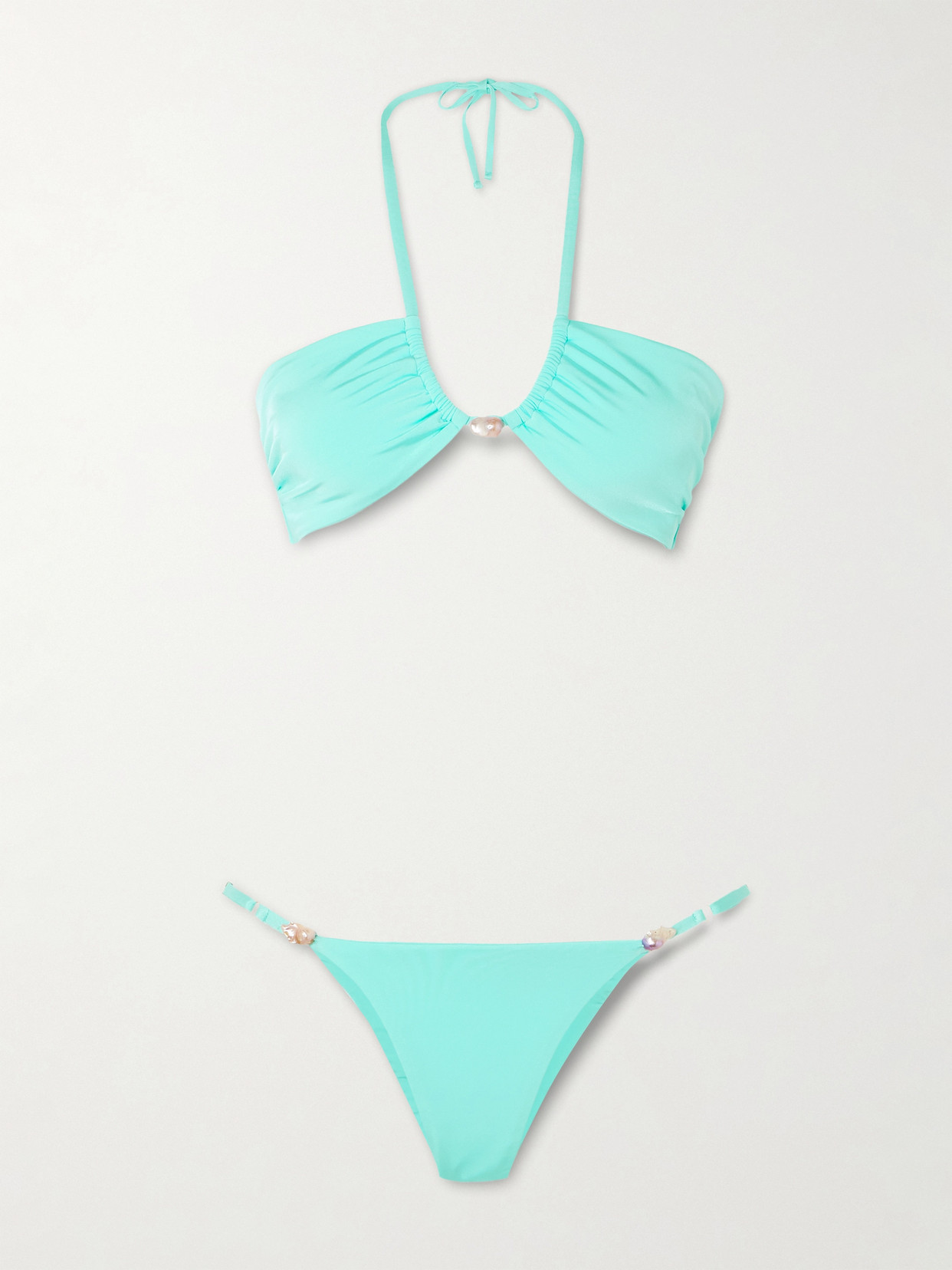 Sara Cristina Bahia Pearl-embellished Stretch-econyl® Halterneck Bikini In Blue