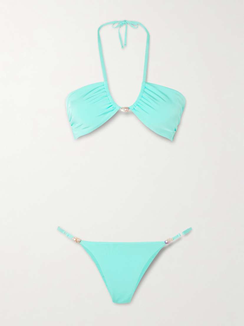 SARA CRISTINA Bahia Pearl-embellished Stretch-econyl® Halterneck Bikini