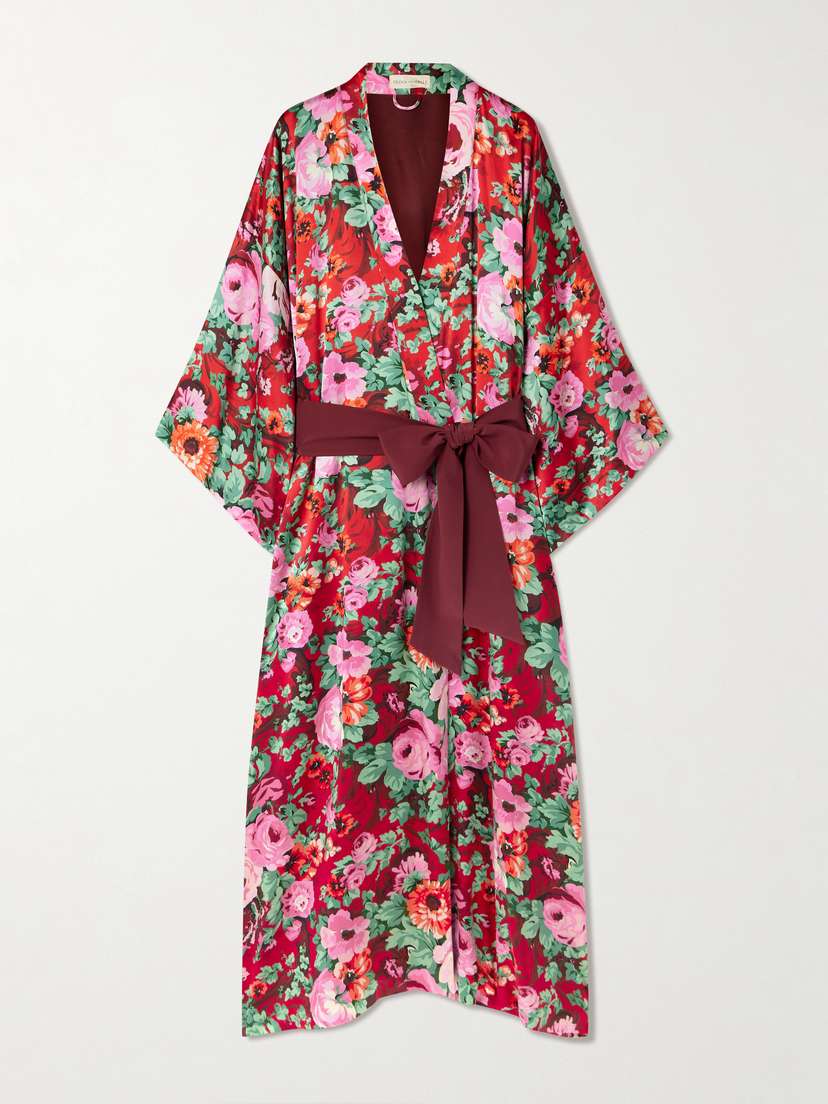 Olivia von Halle Queenie Belted Floral-print Silk-satin Robe