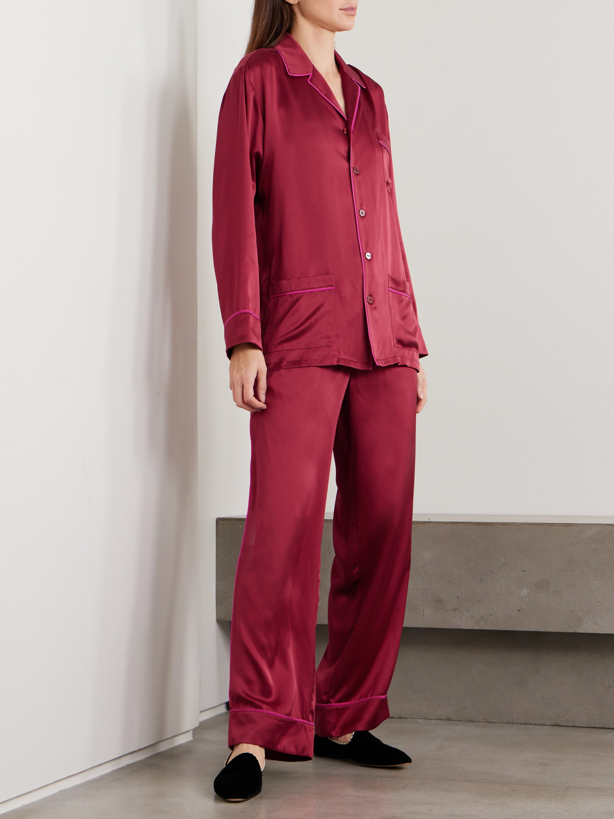 Olivia Von Halle Yves Silk-satin Pajama Set In Burgundy