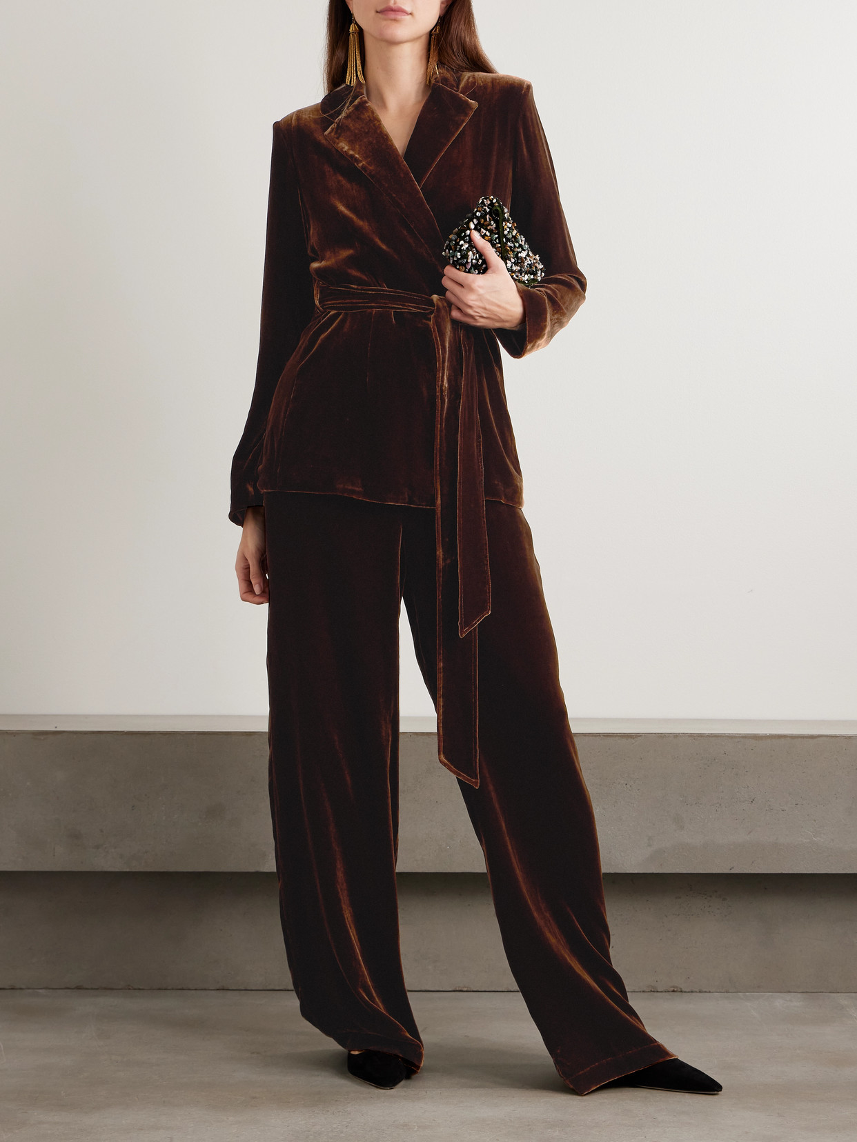 Olivia Von Halle Jagger Velvet Pajama Set In Brown