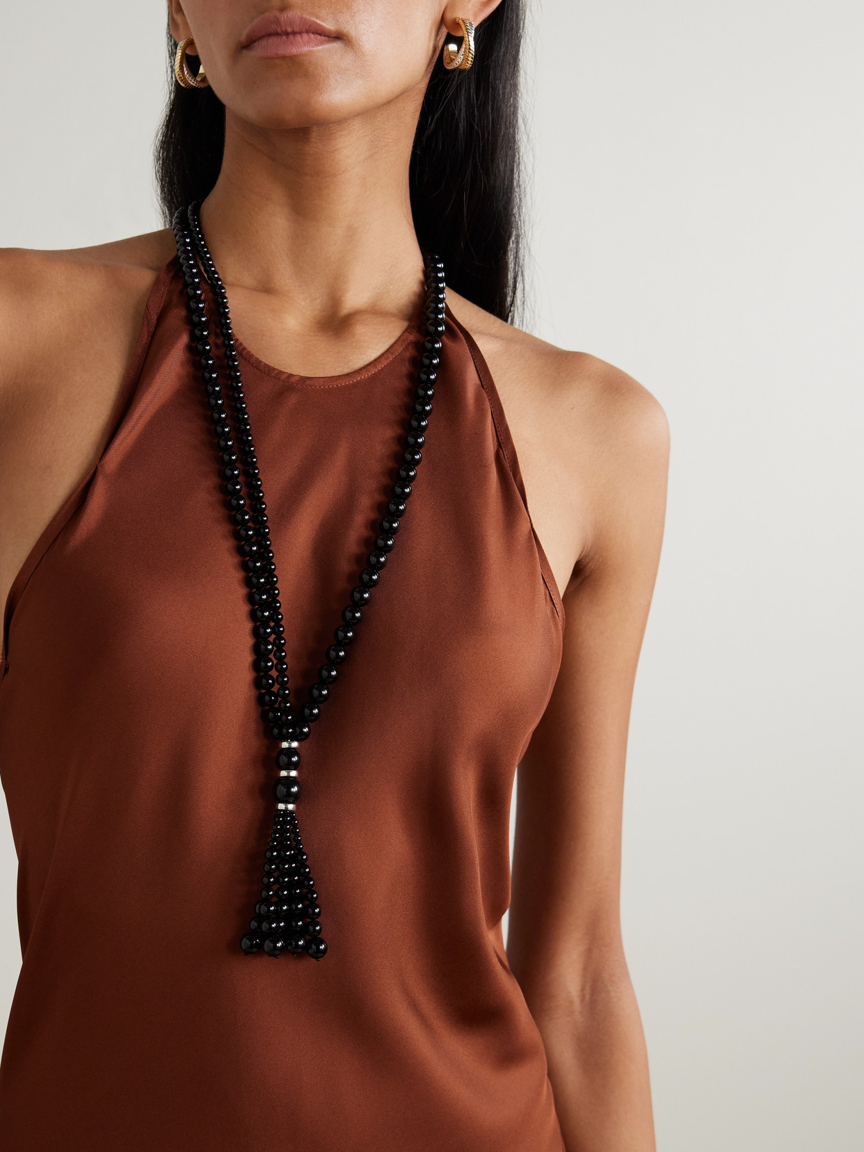 Le Sundial Venice Opera Tasseled Onyx And Silver Necklace In Black