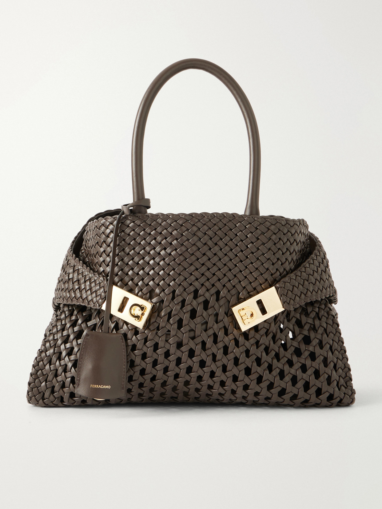 Ferragamo Hug Small Woven Leather Tote In Brown