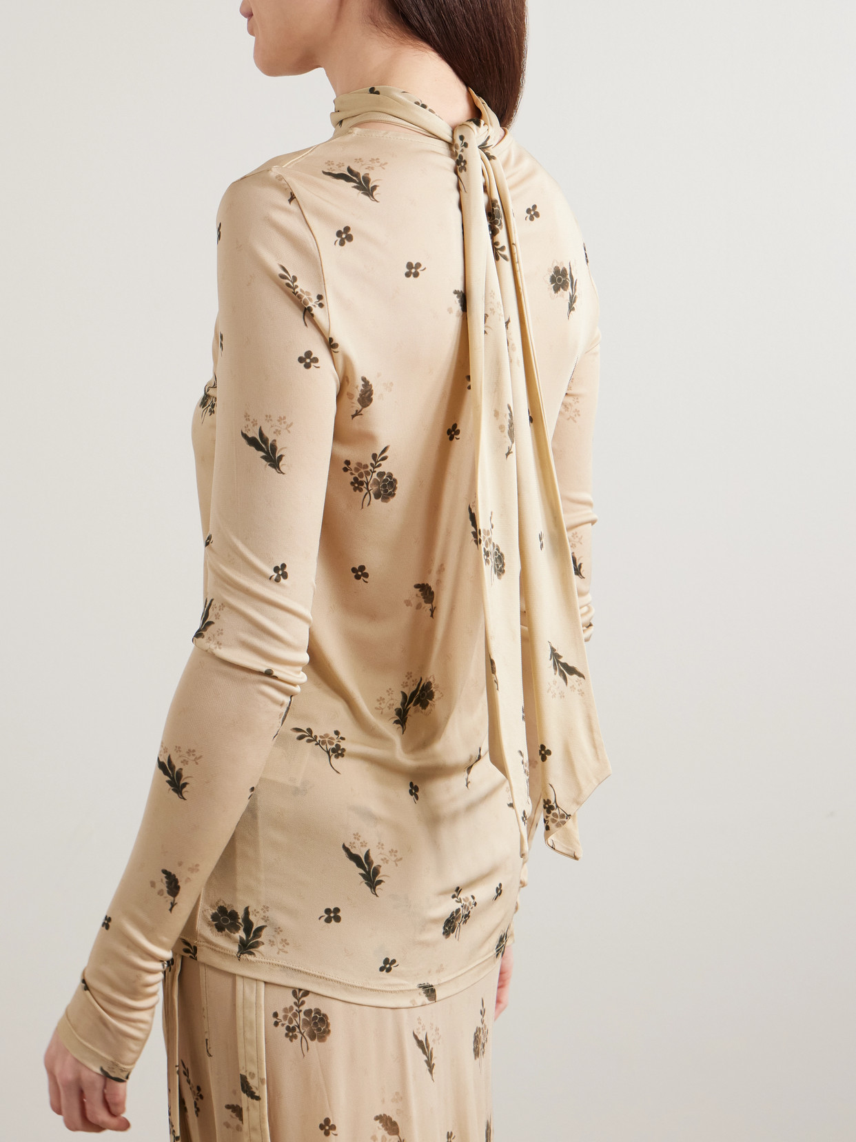 Tie-Detailed Draped Floral-Print Jersey Top