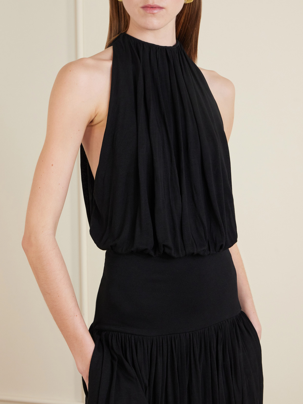 Totême Black Fluid Viscose Gathered Midi Dress In Burgundy