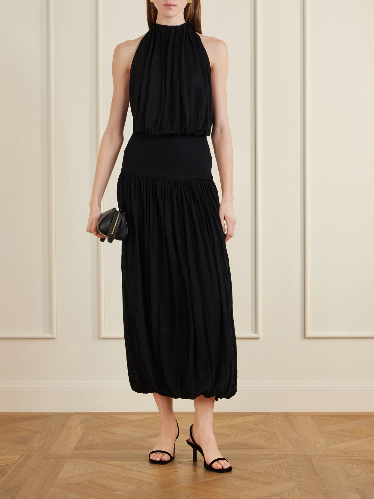 Totême Black Fluid Viscose Gathered Midi Dress In Burgundy