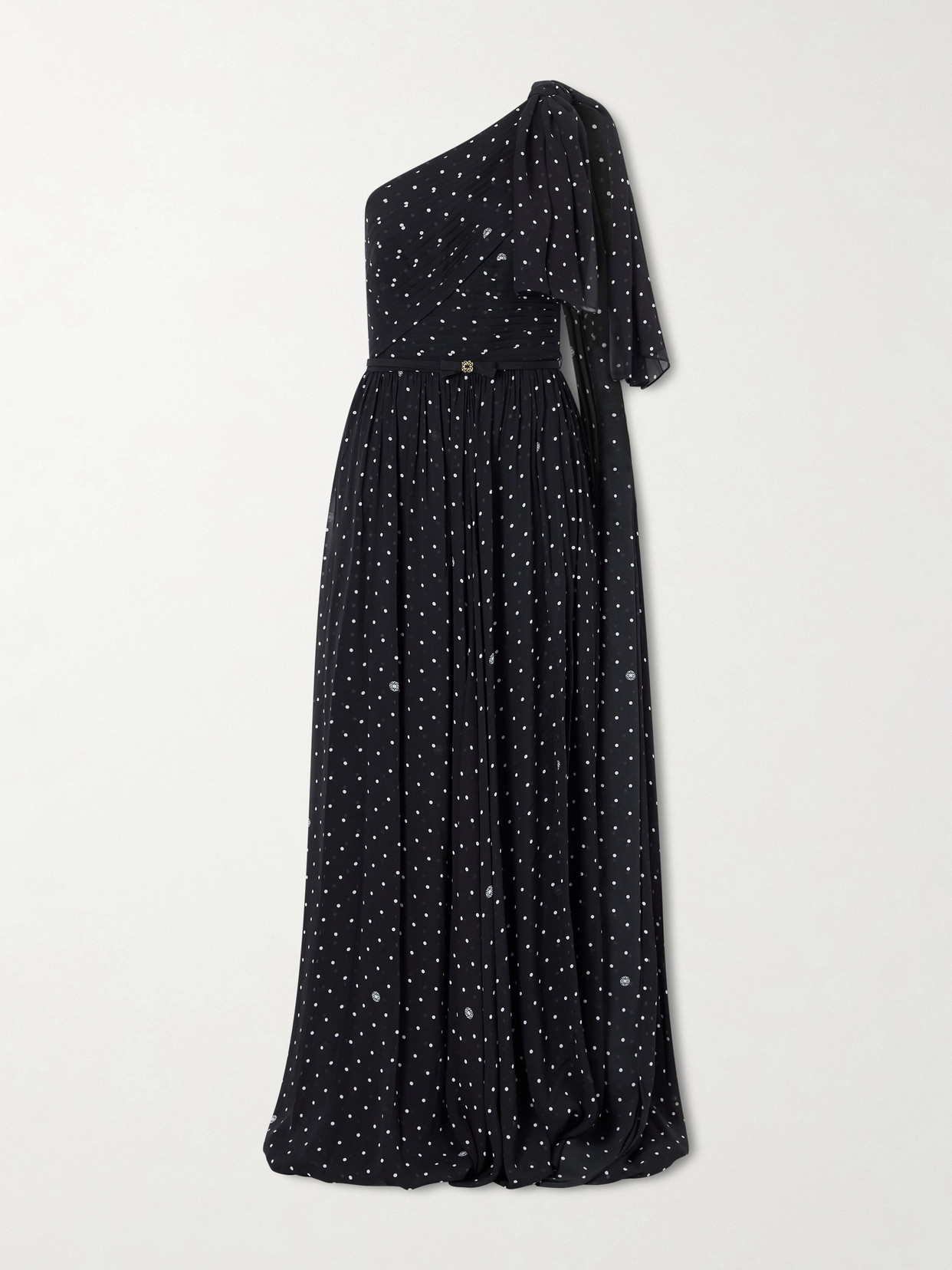 Elie Saab One-shoulder Polka-dot Chiffon Gown In Black