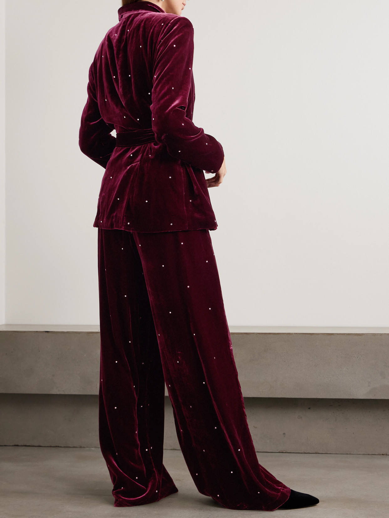 Olivia Von Halle Jagger Crystal-embellished Velvet Pajama Set In Burgundy