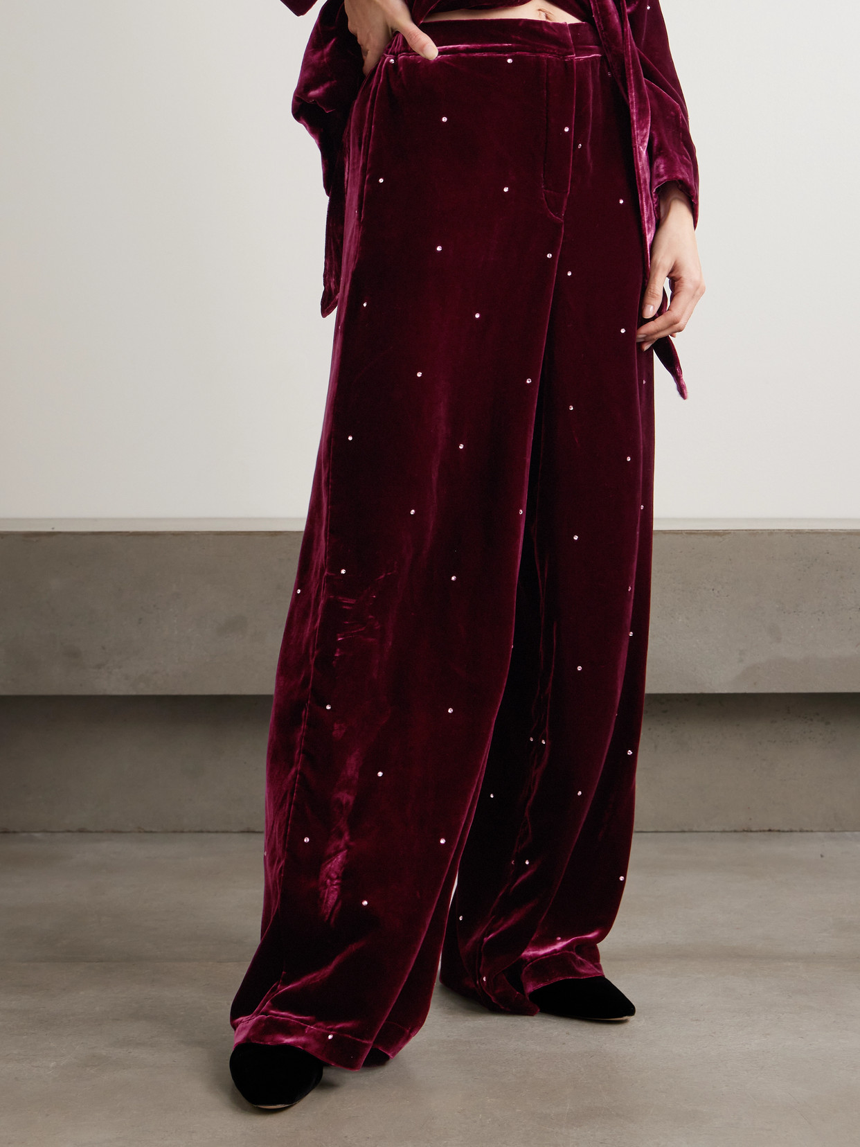 Olivia Von Halle Jagger Crystal-embellished Velvet Pajama Set In Burgundy