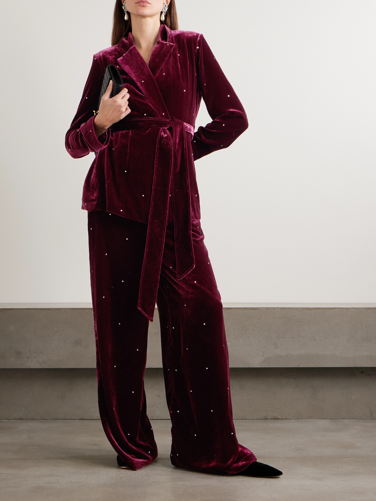 Olivia Von Halle Jagger Crystal-embellished Velvet Pajama Set In Burgundy
