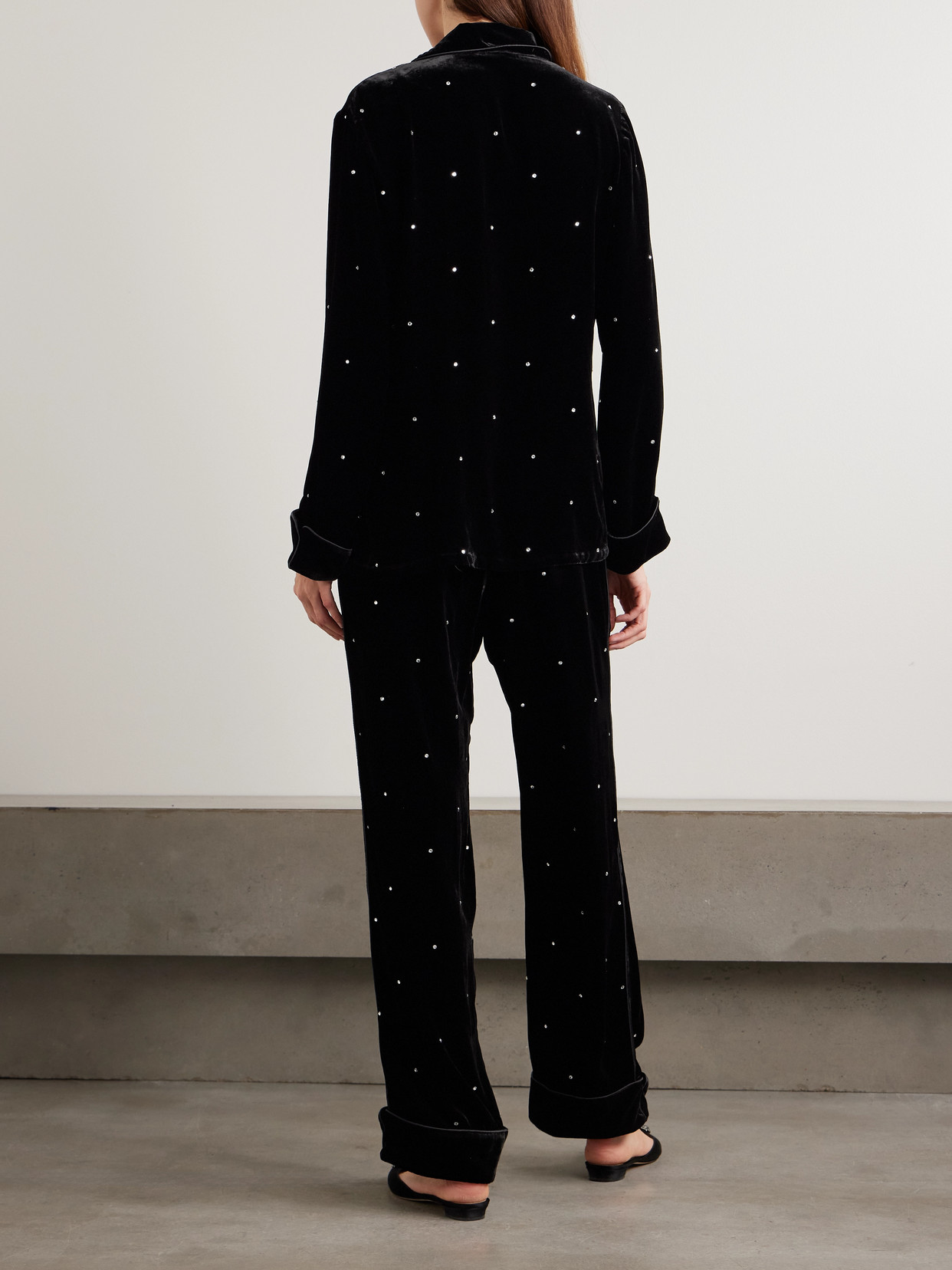 Olivia Von Halle Coco Crystal-embellished Velvet Pajama Set In Black